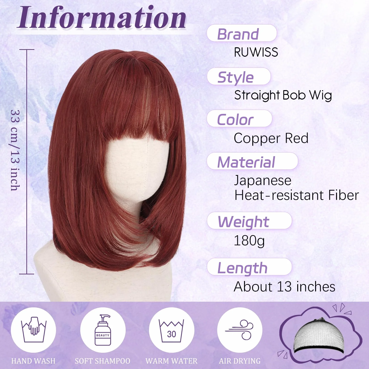 RUWISS Rouge Cuivré Perruque Courte Droite avec Frange, 35 cm Bob Layered Perruques pour Femme Classique Bob Synthétiques Résistantes pour Usageet Quotidien et Cosplay