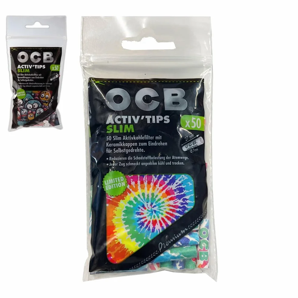 OCB Activ Tips Slim Filtres à charbon actif avec bouchons en céramique Lot de 50