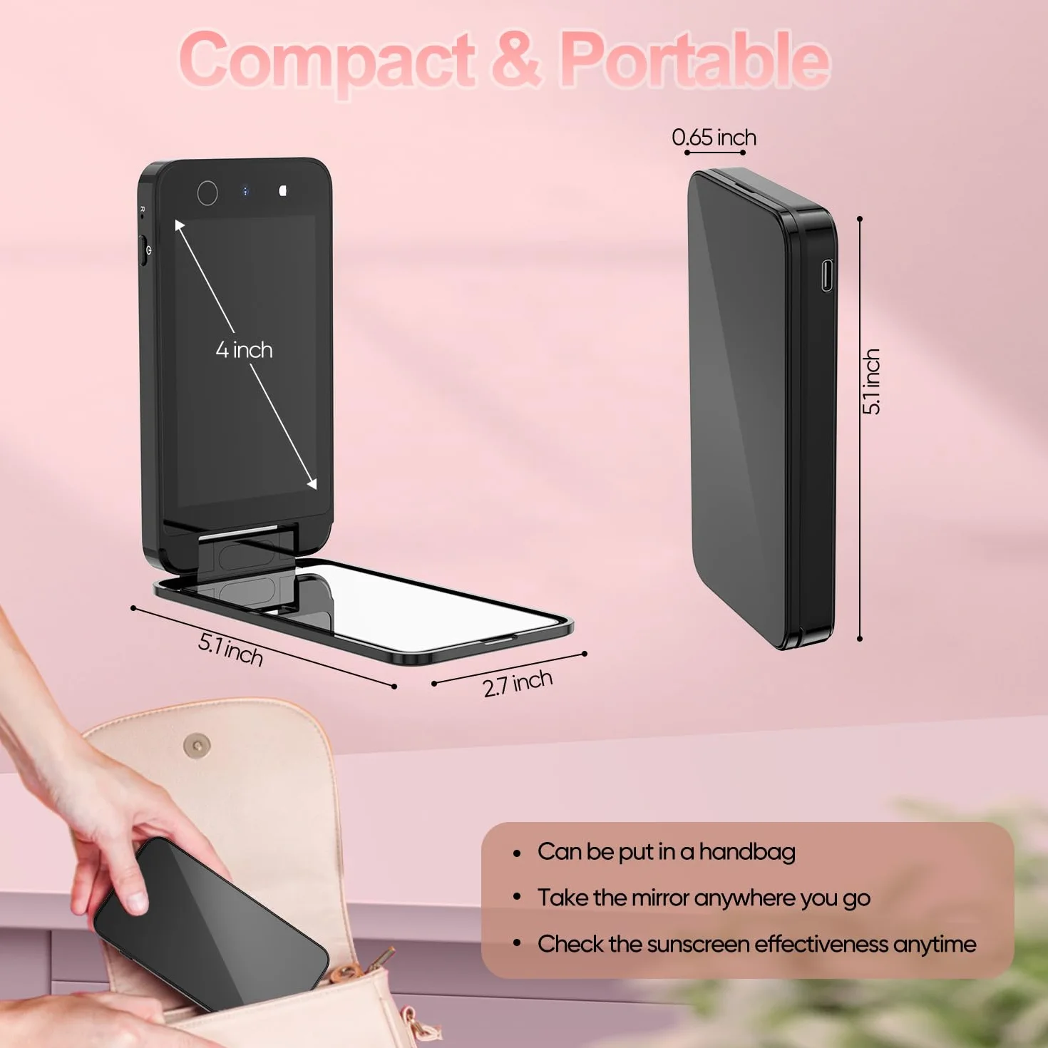 Miroir UV compact et portable, miroir de courtoisie de 10,2 cm avec caméra UV pour tester la crème solaire, miroir de maquillage de voyage rechargeable, miroir de poche double face pour la protection