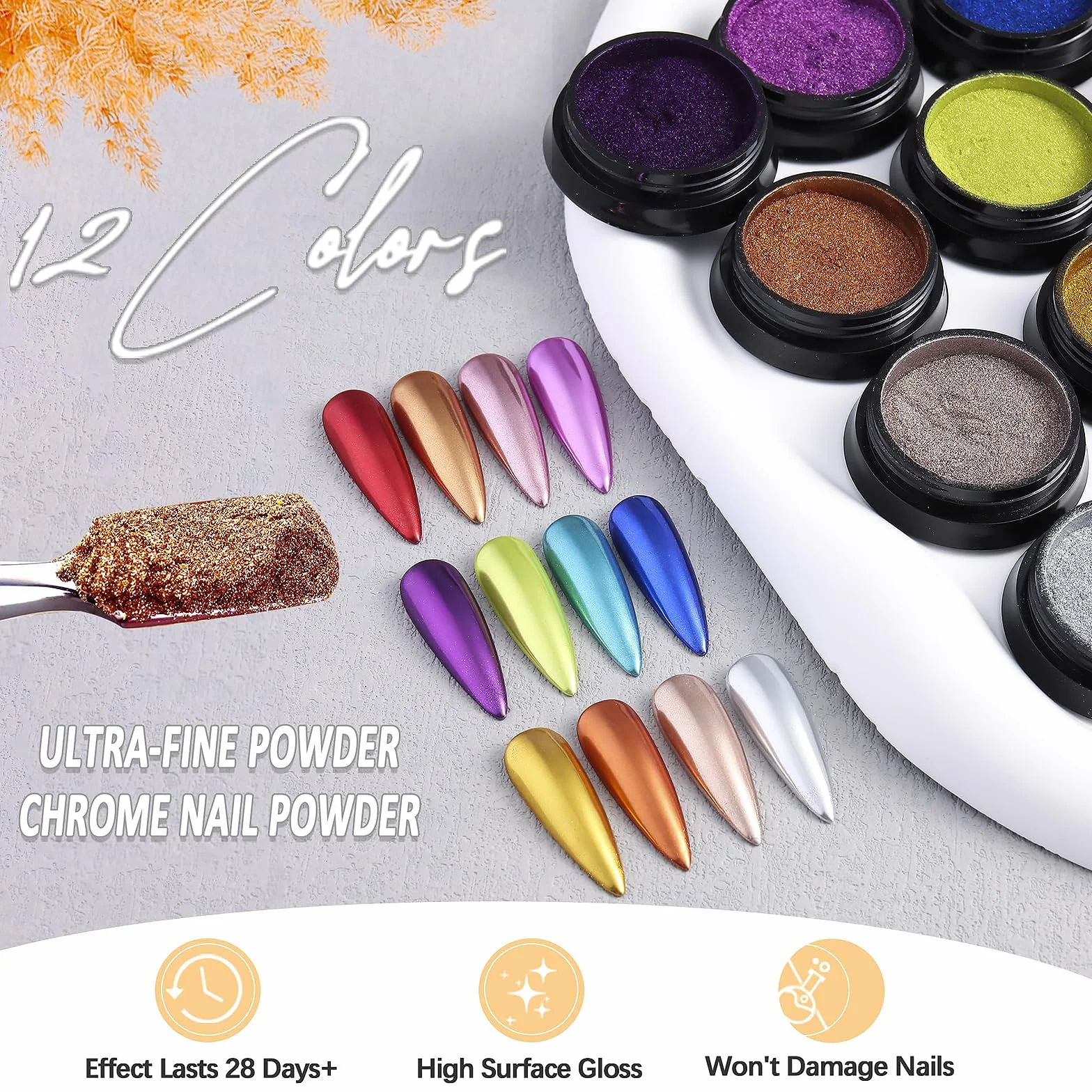Poudre à Ongles à Frotter 12 Pièces, Poudre Chrome Ongle, Poudres Miroir Effet Chromé, avec Pinceaux, pour Nail Art Décoration