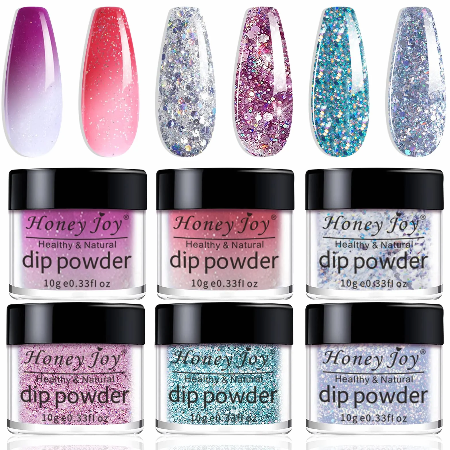 Lot de 6 boîtes poudre trempage paillettes holographiques couleurs changeantes rouge rose bleu argenté 10g