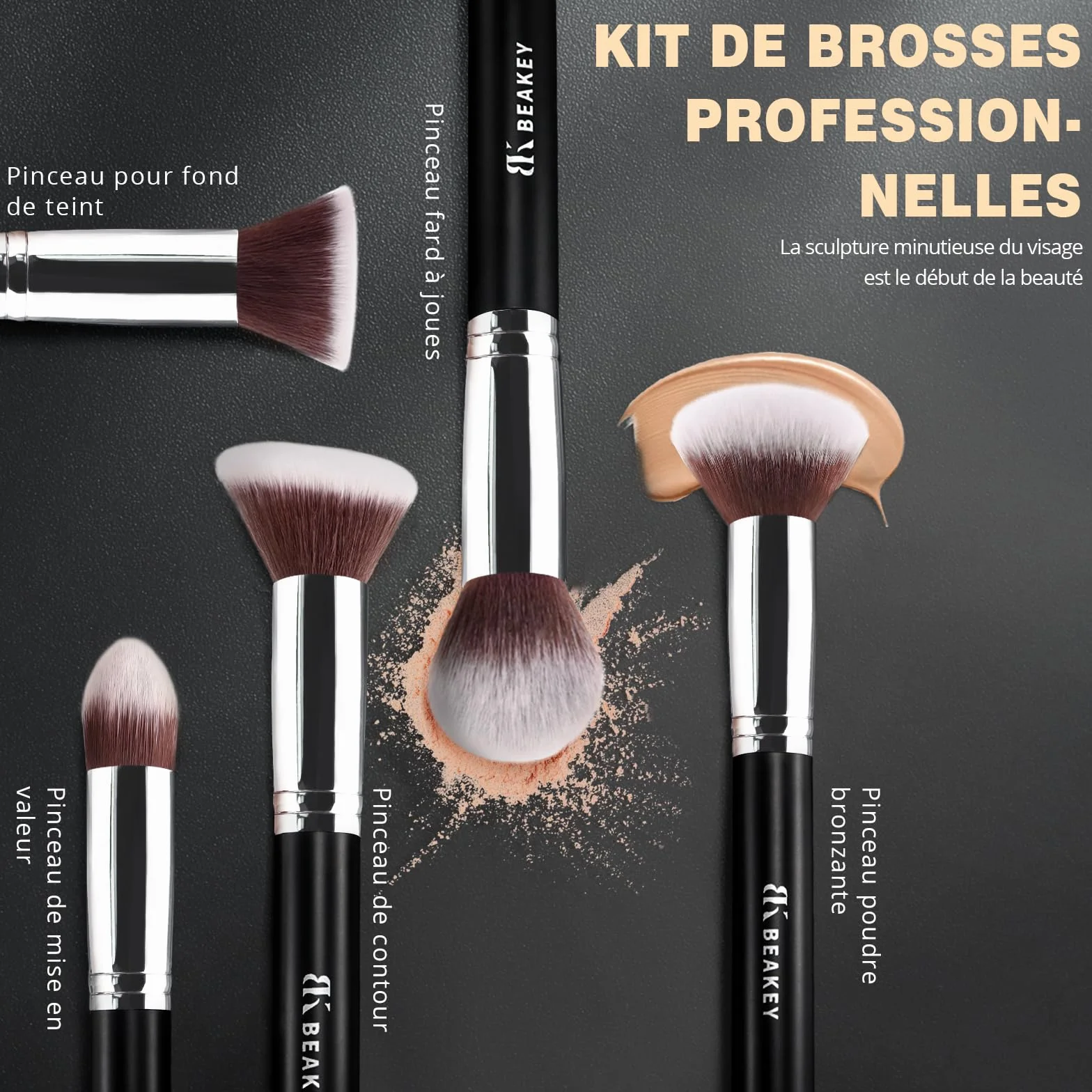 BEAKEY Pinceaux Maquillages Professionnel, 10+2 Pcs Maquillage Pinceau Set Fond de Teint Blush L'anti-cernes Fard à Paupières Poudre Libre, Noir/Argent