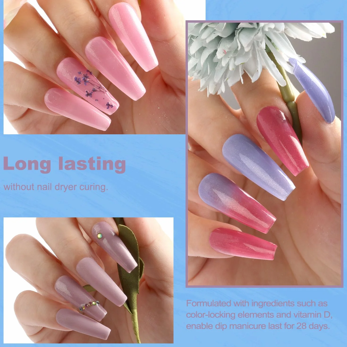 Lavender Violets 6 Couleurs Acrylique Trempage Poudre Système French Nail Manucure Base Activateur Vernis Finition Brosse Lime