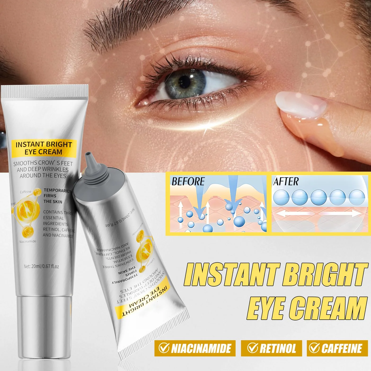 Crème contour des yeux au rétinol anti cernes poches rides ridules hydratante 20ml