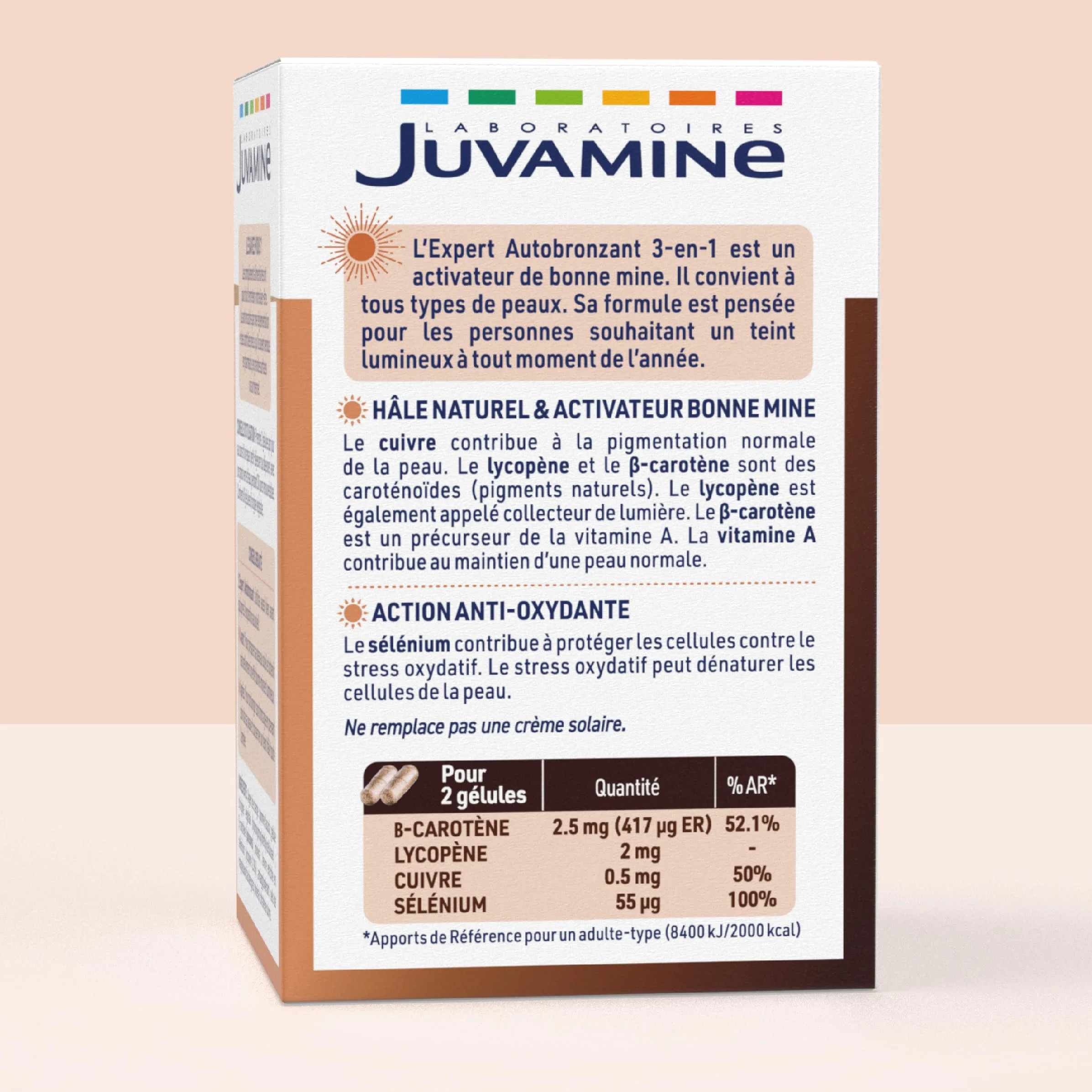 JUVAMINE Expert Autobronzant 3 en 1, 60 gélules, Programme 30 jours, Fabriqué en France