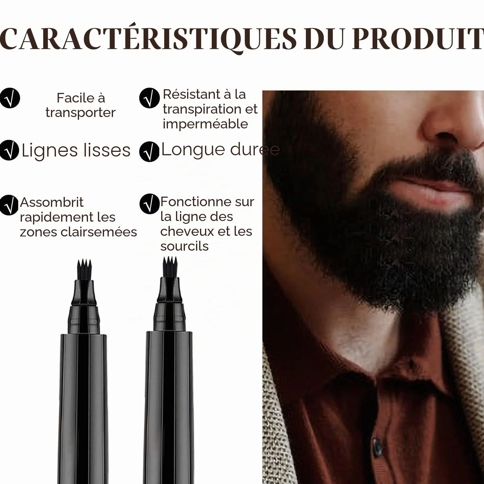 Lot de 2 stylos à barbe noirs naturels, imperméables, longue durée pour barbe et sourcils