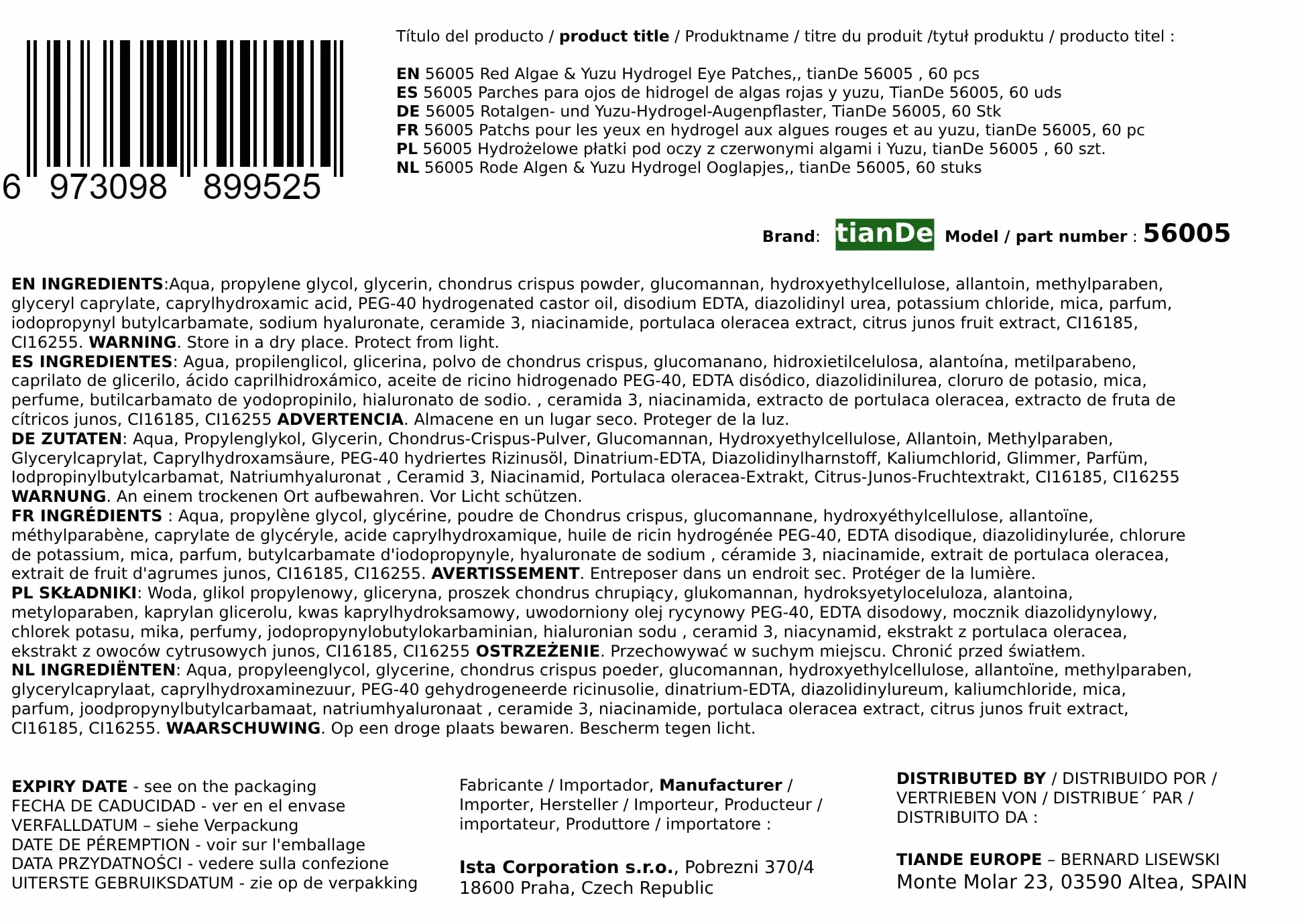 TianDe Patchs pour les yeux en hydrogel d'algues rouges et yuzu, 60 unités