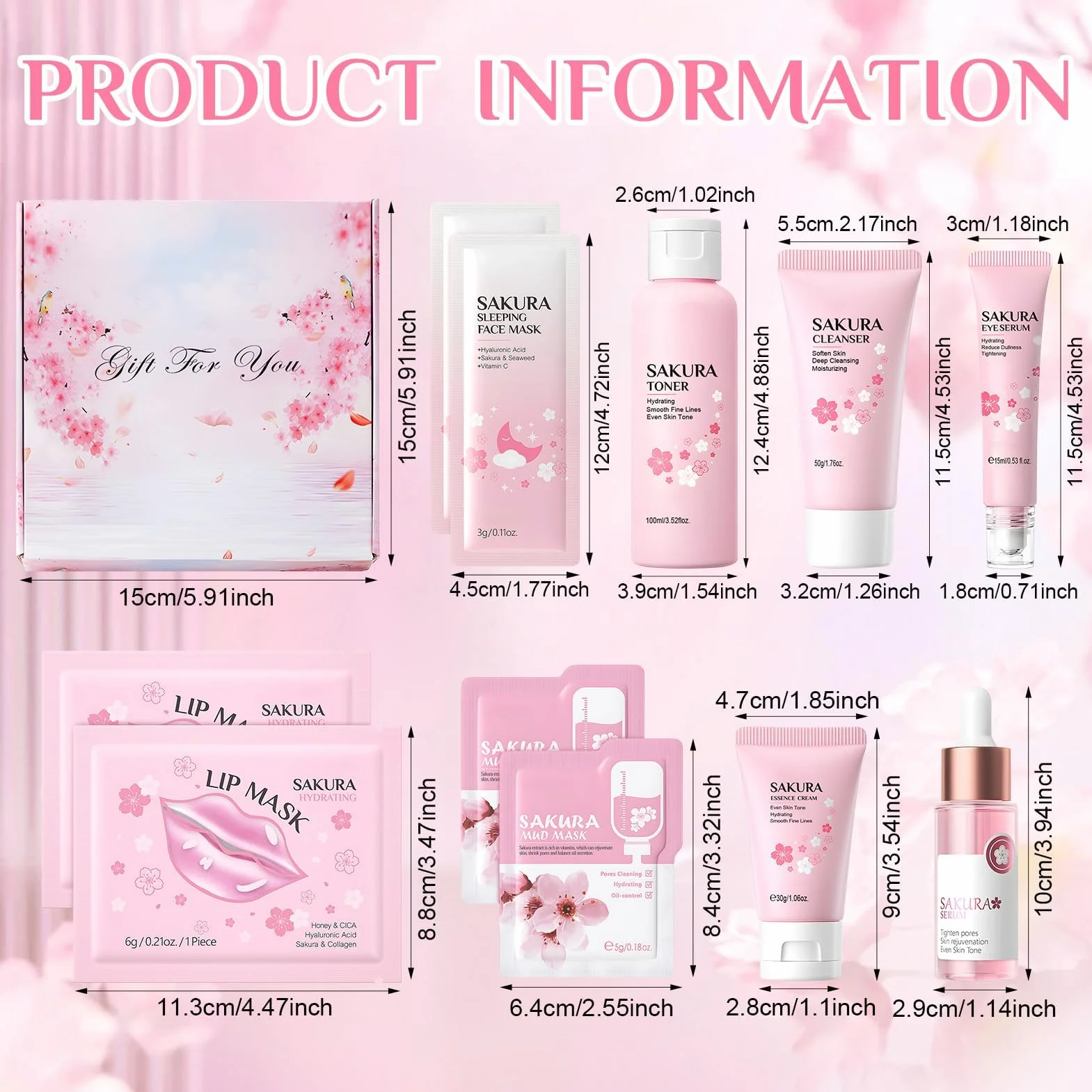 Coffret Soin Visage Femme Sakura Skincare Set Anti-âge 11 Pièces