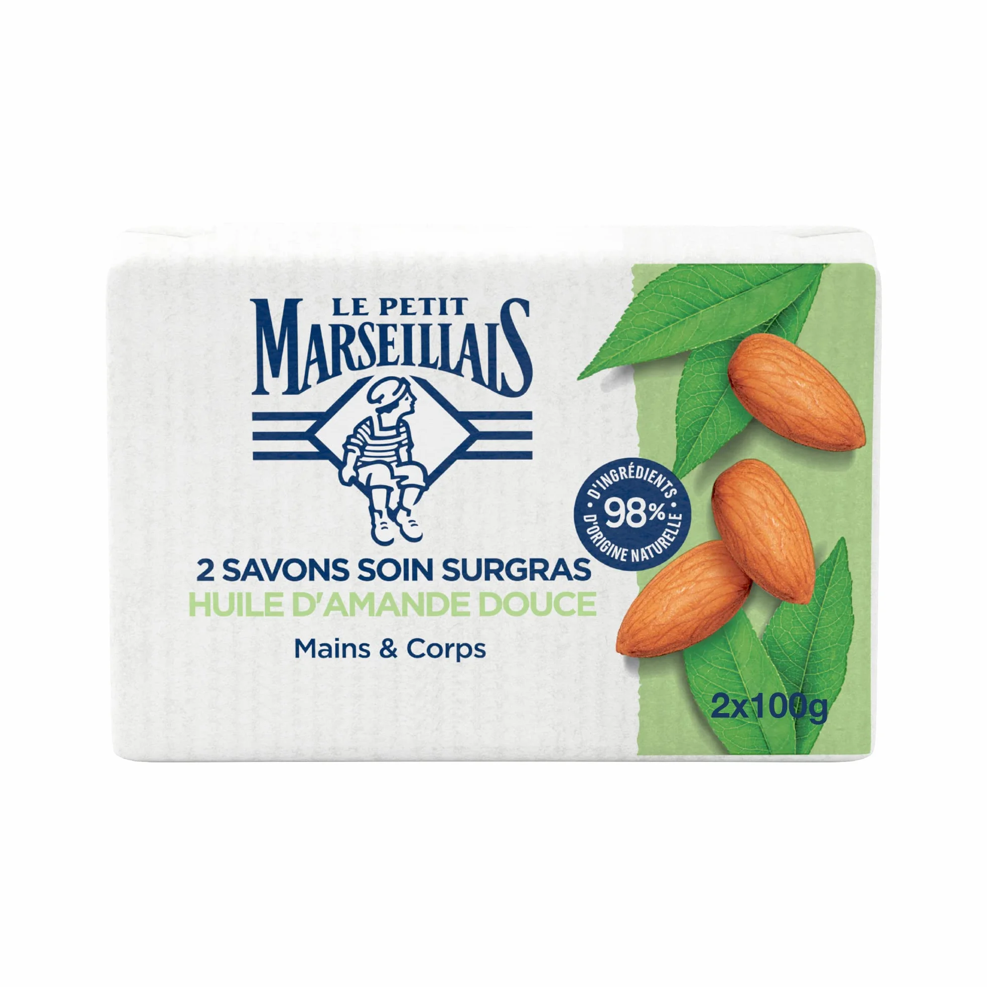 Le Petit Marseillais Savon Soin Surgras Huile d'Amande Douce 2 x 100 g Savon Solide Mains Corps 98% Ingrédients Naturels Emballage Papier Recyclable