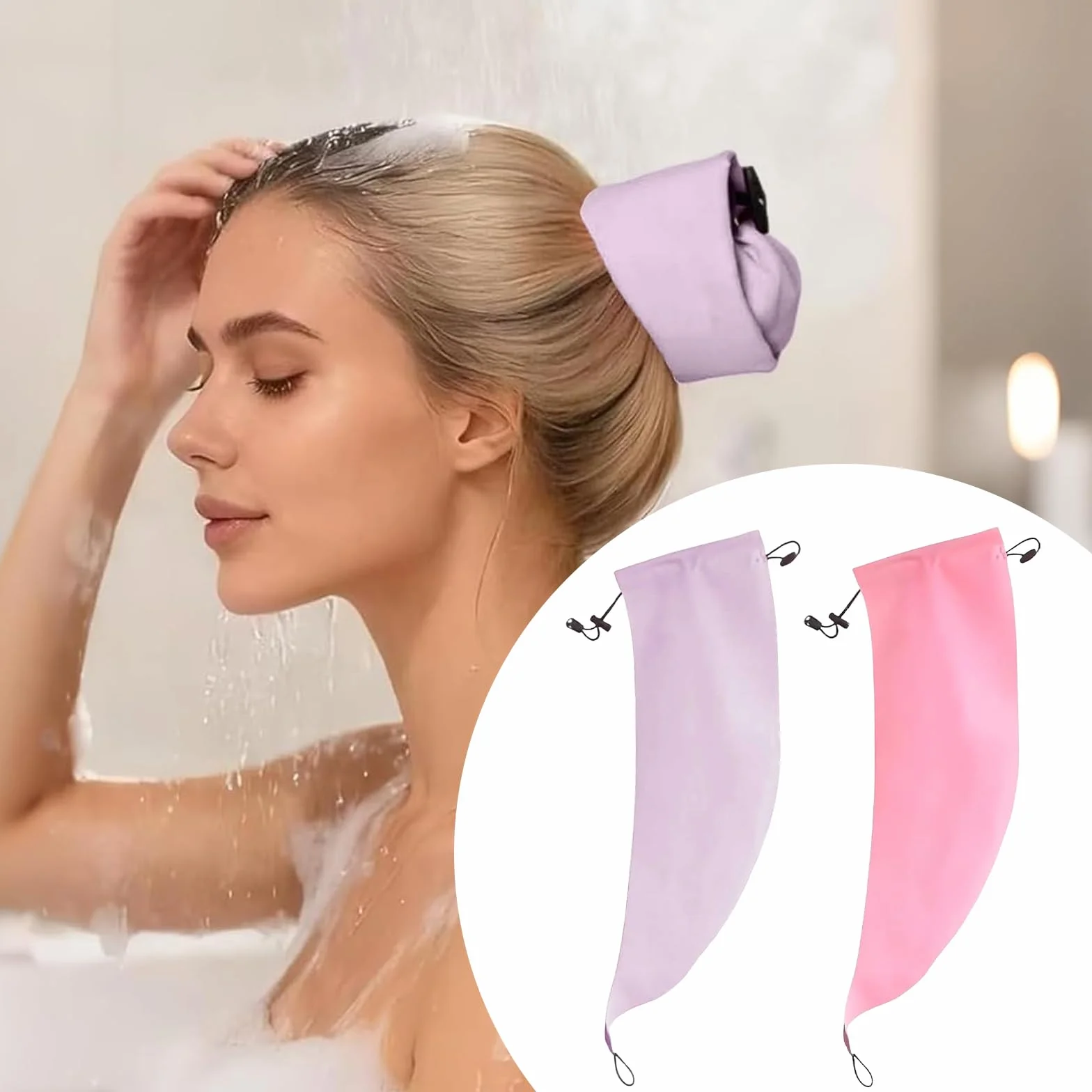 Crown Wash Lot de 2 bonnets de douche imperméables pour femme - Housse queue de cheval pour natation, spa et voyages (rose, violet)
