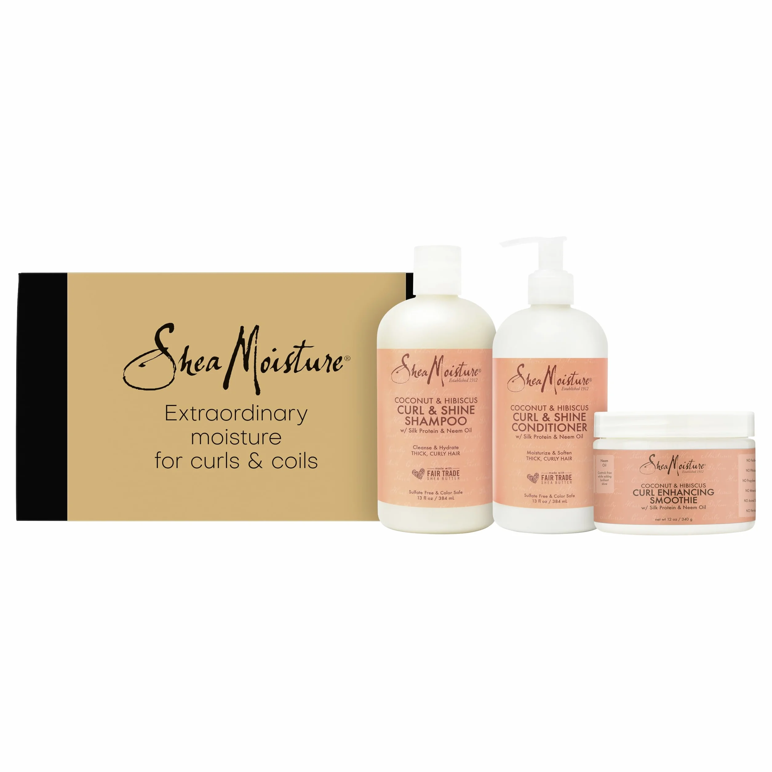 SheaMoisture Coffret Curl & Shine Shampooing Après-Shampooing Soin Sans Rinçage Cheveux Bouclés Hydratation Anti-Frisottis