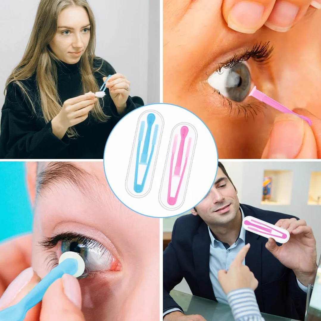 Pinces à lentilles de Contact en Silicone, Ventouse Souples et rigides avec boîte Voyage (Rouge/Bleu)
