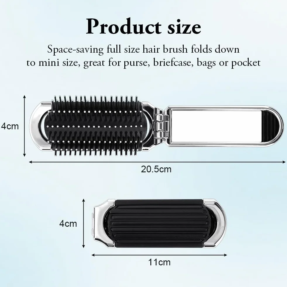 Brosse à Cheveux de Voyage Pliable avec Miroir, Mini Brosse de Poche pour Femme, Argent