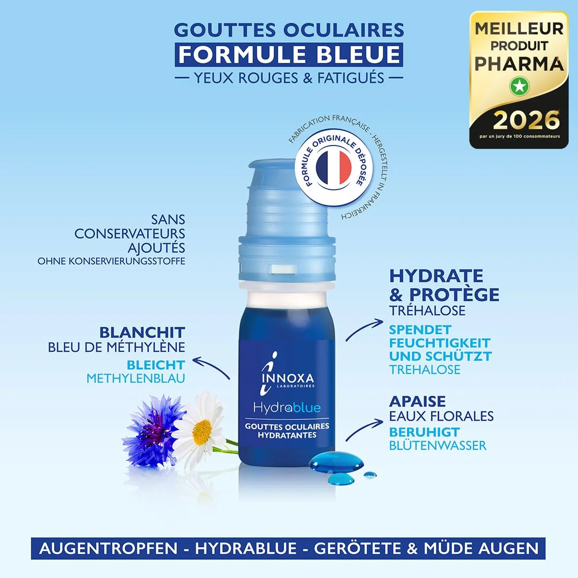 INNOXA Laboratoires Gouttes Formule Bleue Blanchit le Blanc de l'Œil Hydrate les Yeux Rouges et Fatigués Formule Originale Fabriquée en France Sans conservateurs