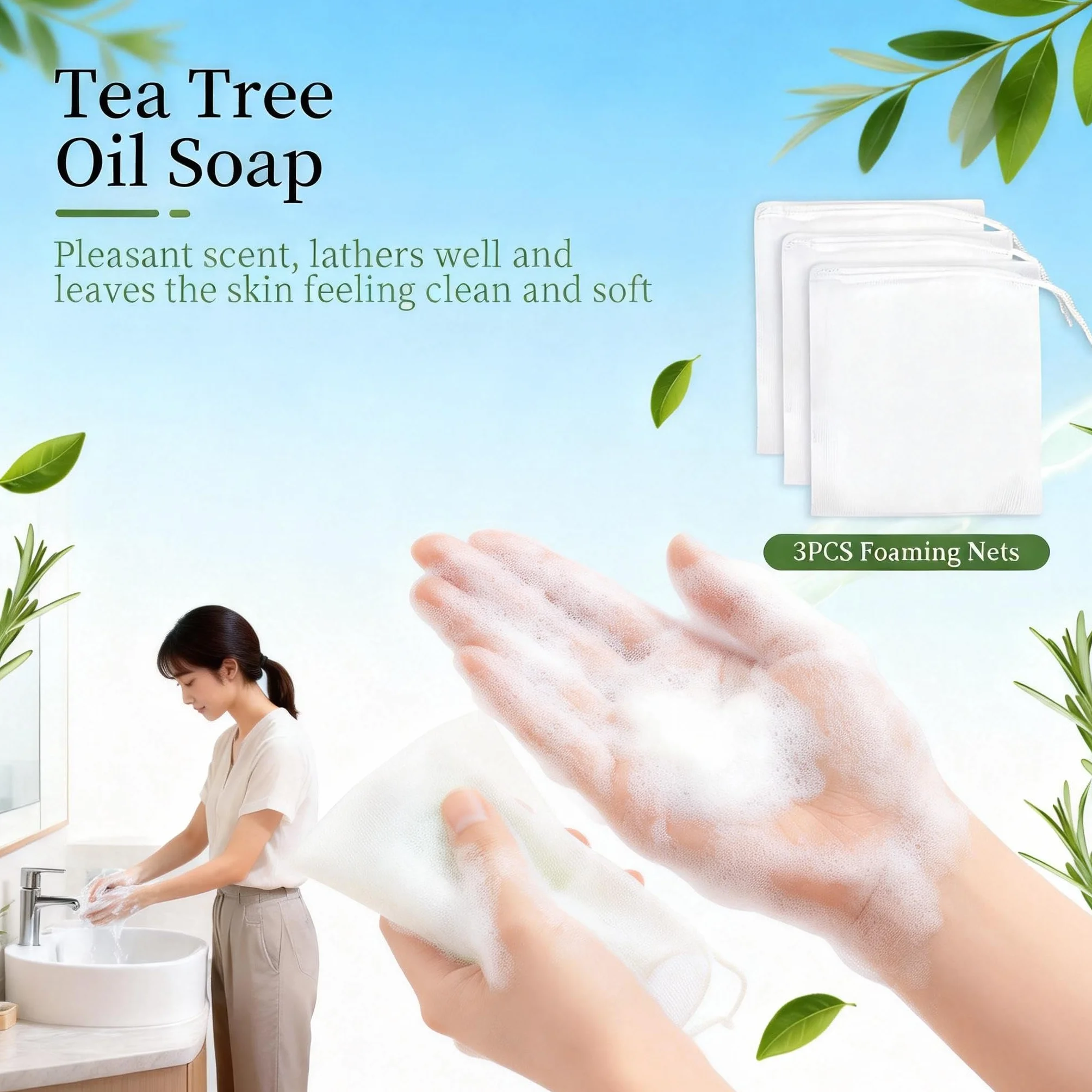 Savon à l’huile d’arbre à thé – Lot de 3, purifiant visage et corps, peaux à imperfections, nettoyage en profondeur