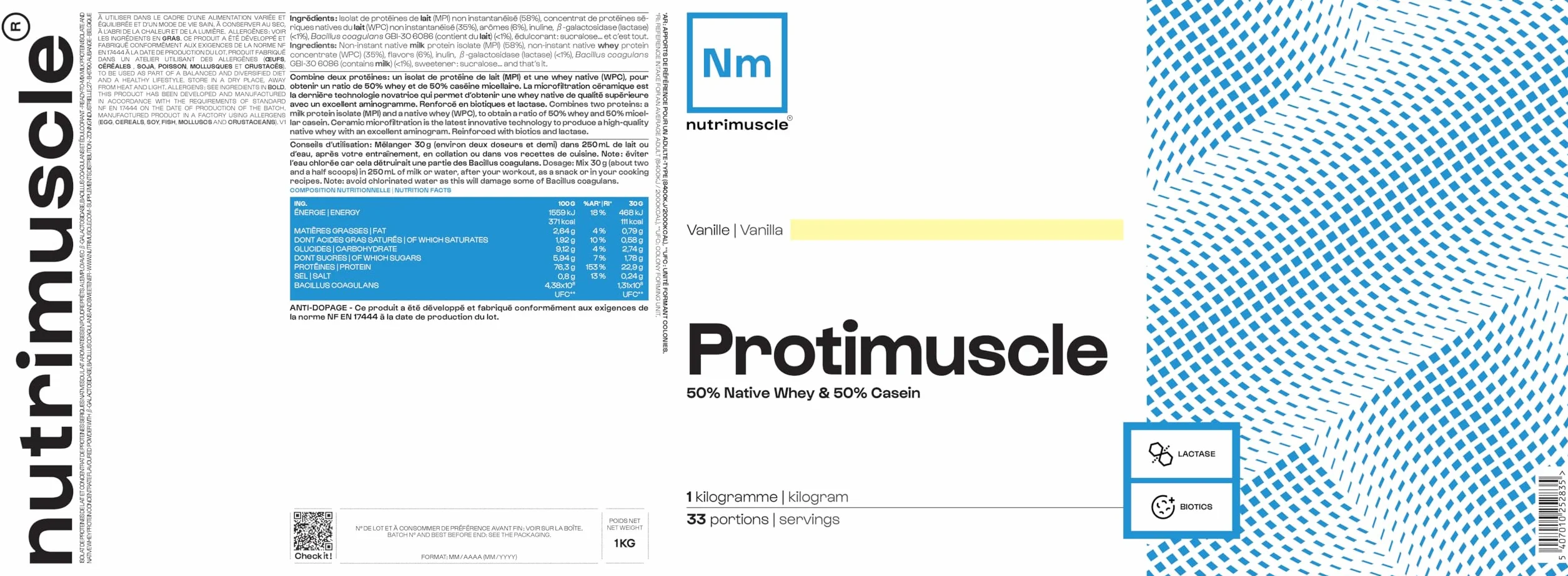 Nutrimuscle Whey Native 1 Kg Vanille Protimuscle Mix Protéine Caséine Prise de Muscle