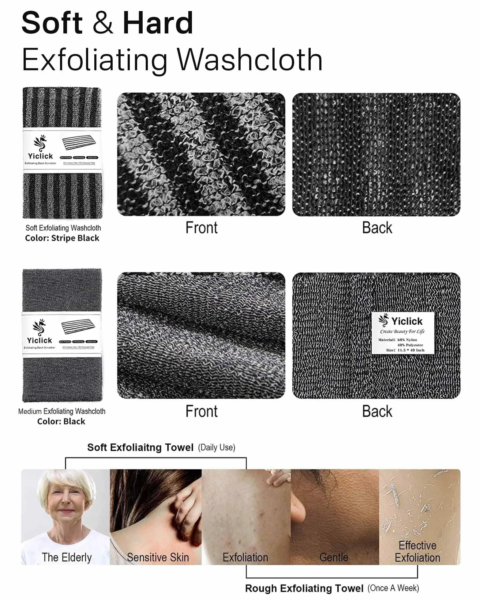 Yiclick Lot de 2 débarbouillettes exfoliantes – Éponge de lavage en luffa pour le corps – Brosse douce pour le dos