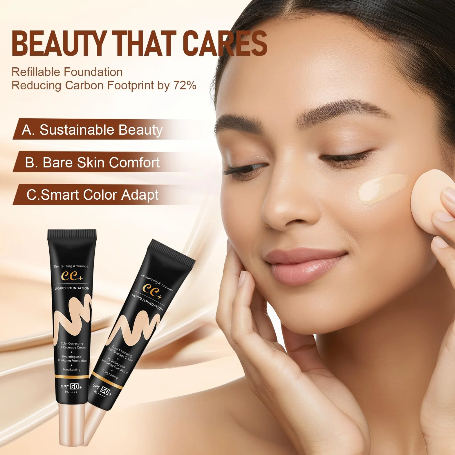 Crème CC SPF 50 Fond de Teint Couvrant pour Peau Parfaite Protection Solaire Haute