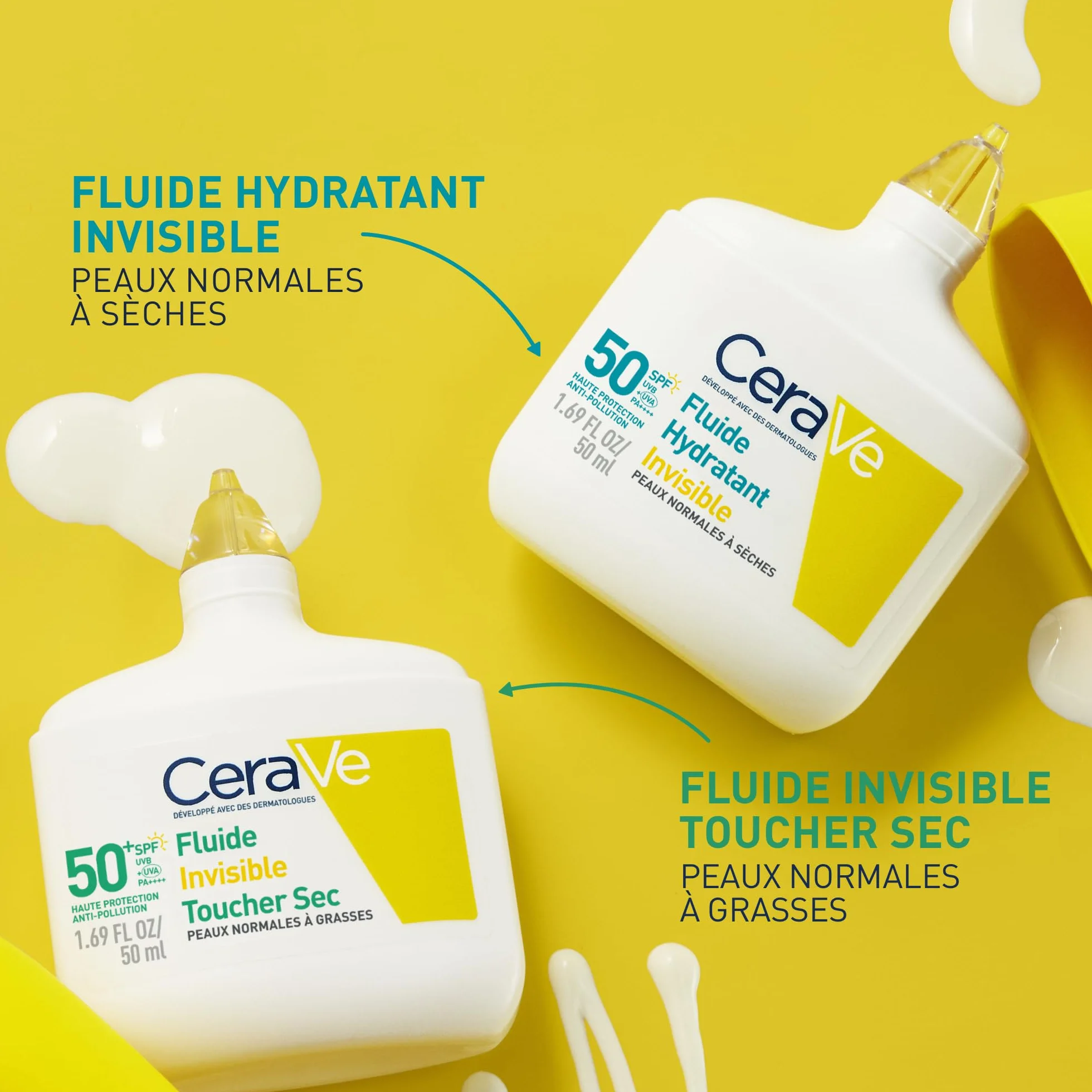 CeraVe Fluide Invisible SPF 50+ Très Haute Protection Solaire Visage Peaux Normales à Grasses Matifiant 12H Base Maquillage Niacinamide Vitamine E