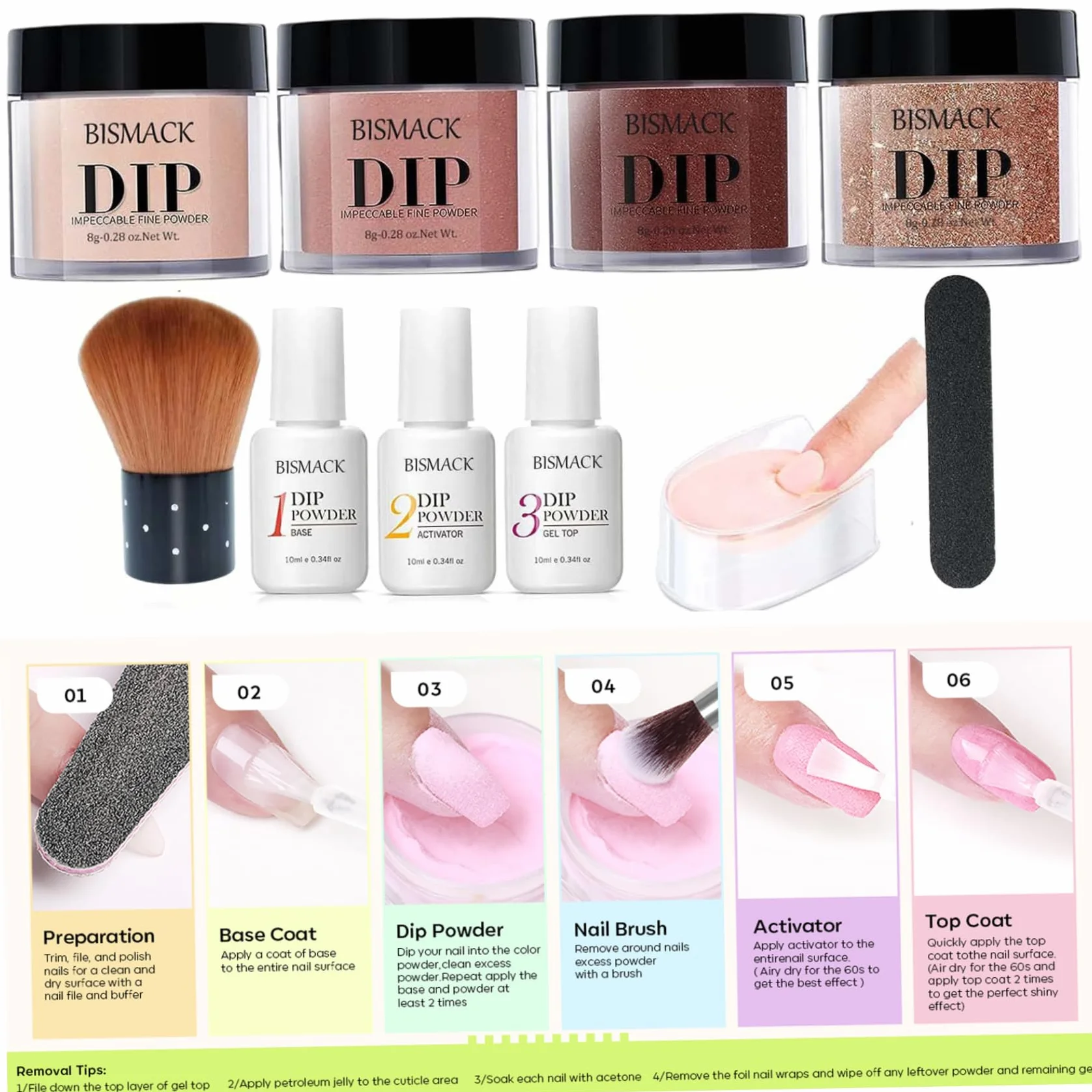 Kit de poudre à trempette à clous 10pcs 4 couleurs avec activateur base couche finition marron