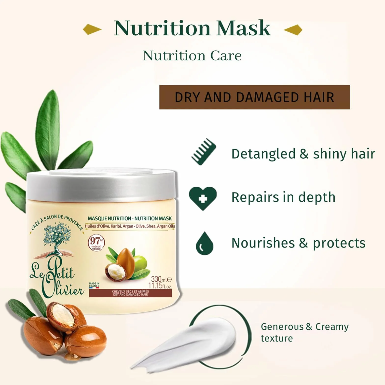 LE PETIT OLIVIER Masque Soin Nutrition Huiles d'Olive Karité Argan Démêle Nourrit Répare Cheveux Secs Abîmés Sans Silicone 330 ml