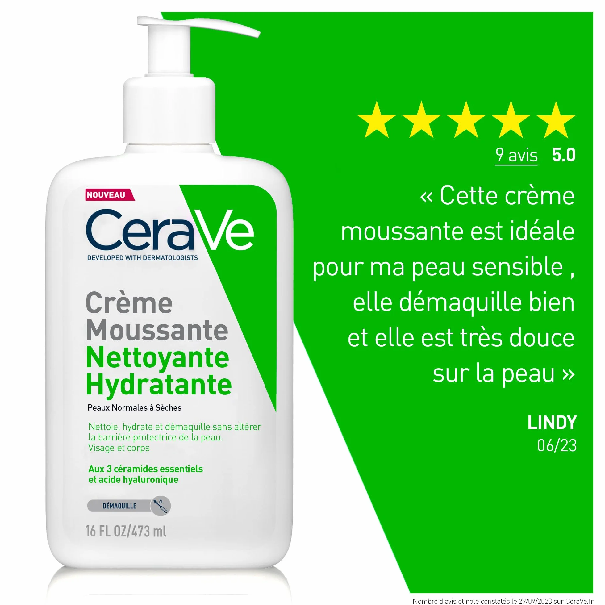 Crème Moussante Nettoyante Hydratante Visage et Corps 473ml Céramides Acide Hyaluronique Peaux Normales à Sèches