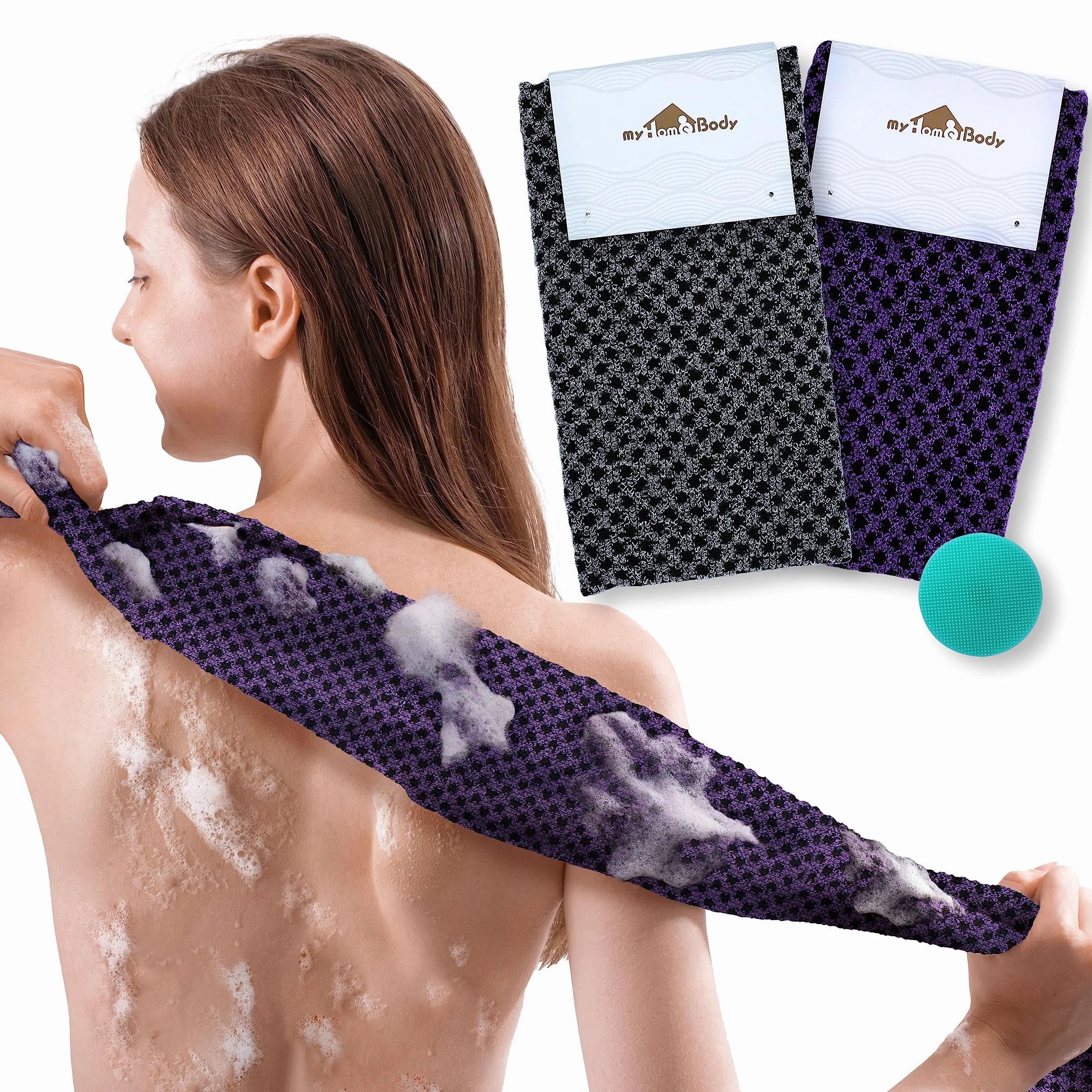 myHomeBody Extra longue Exfoliant Chiffon de lavage Brosse à corps Serviette exfoliante 3D Texture Obsidian and Raisin Dots Ensemble de 2