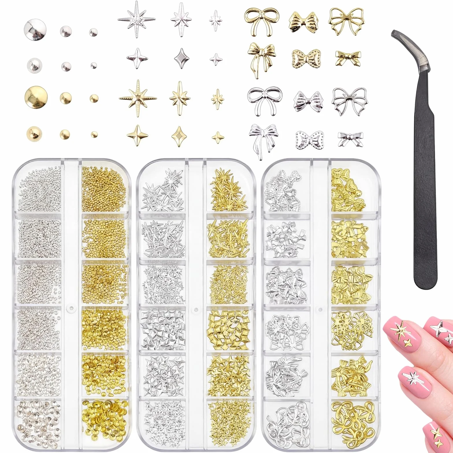 Lot de 3 boîtes de breloques à ongles dorées et argentées - Accessoires nail art avec pince à épiler