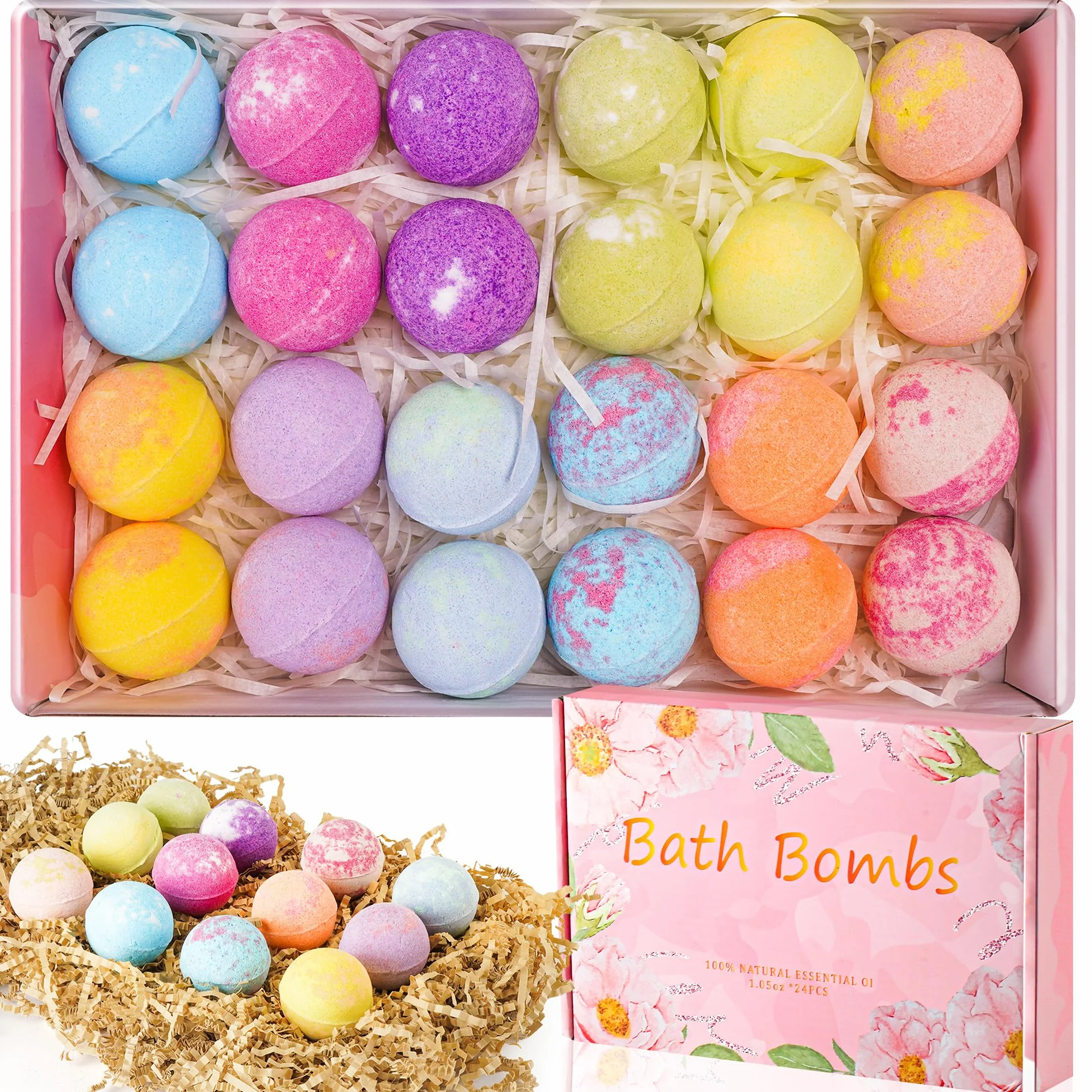 24pcs Coffret Cadeau Bombe de Bain, Boules de Bain Emballage Individuel, Kit de Beauté Relaxant Cadeaux pour Fille, Enfants, Femme, Maman, Petite Amie, Anniversaire, Saint-Valentin, Fête des Mères