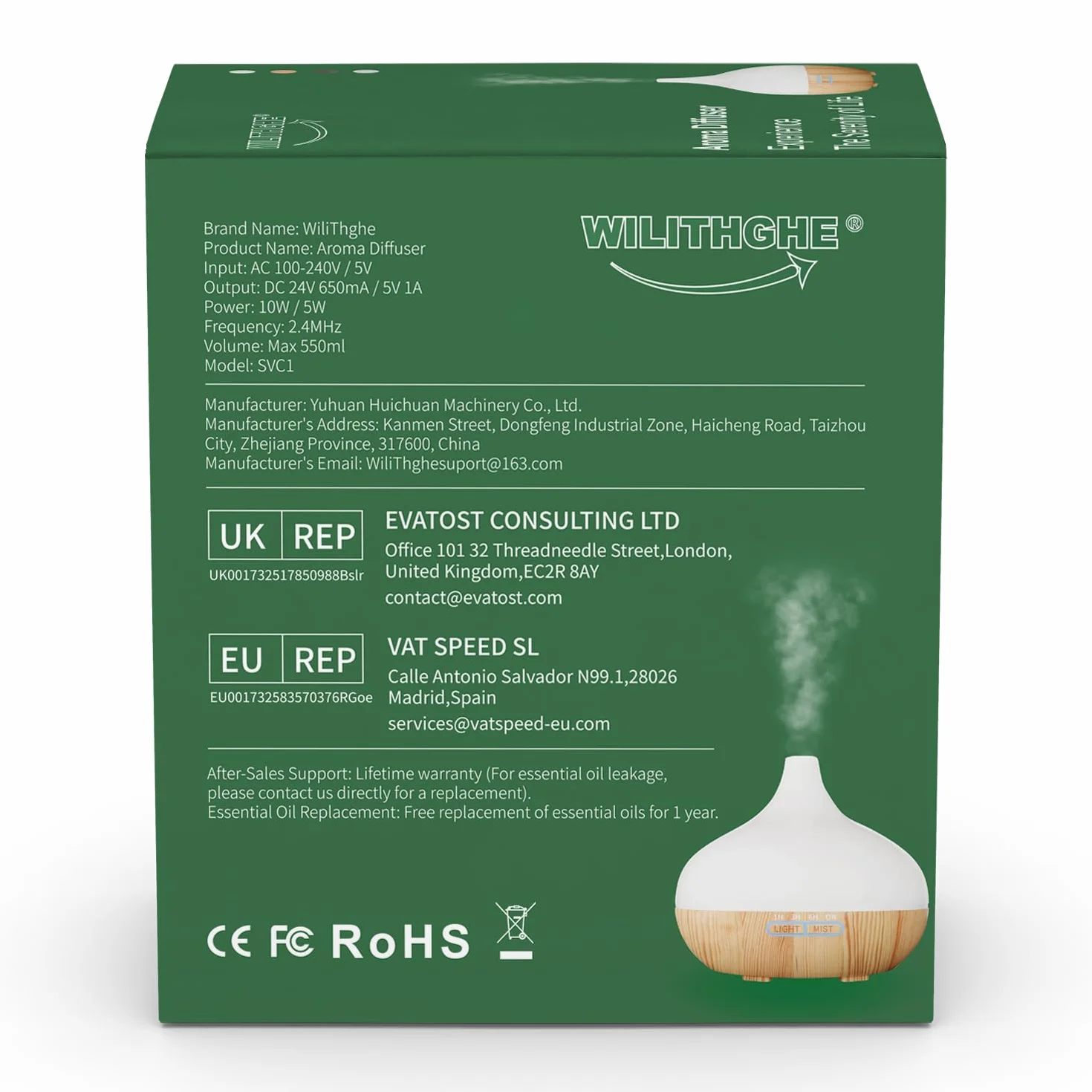Diffuseur d'Huiles Essentielles 500 ML Télécommande 14 Couleurs LED 4 Réglages de Minuterie