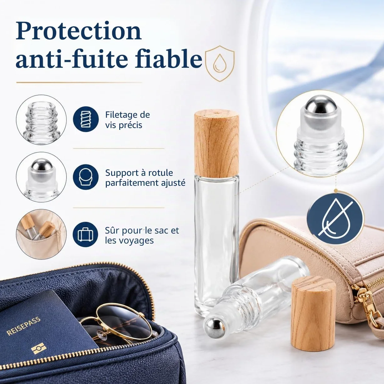 CYEER 24 Flacons Roll On Vide 10ml, Bouteilles en Verre Transparent avec Billes en Acier Inox et Bouchons Aspect Bois, Kit DIY pour Huiles Essentielles, Parfum, Aromathérapie et Voyage