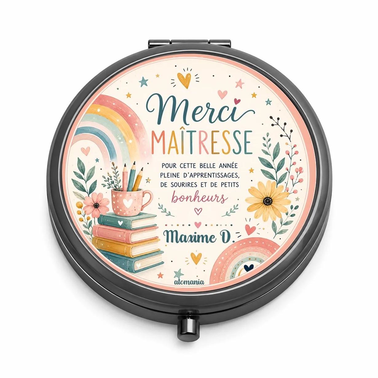 Miroir de Poche Personnalisé Merci Maîtresse – Cadeau Fin d'Année Scolaire – Miroir Compact Femme