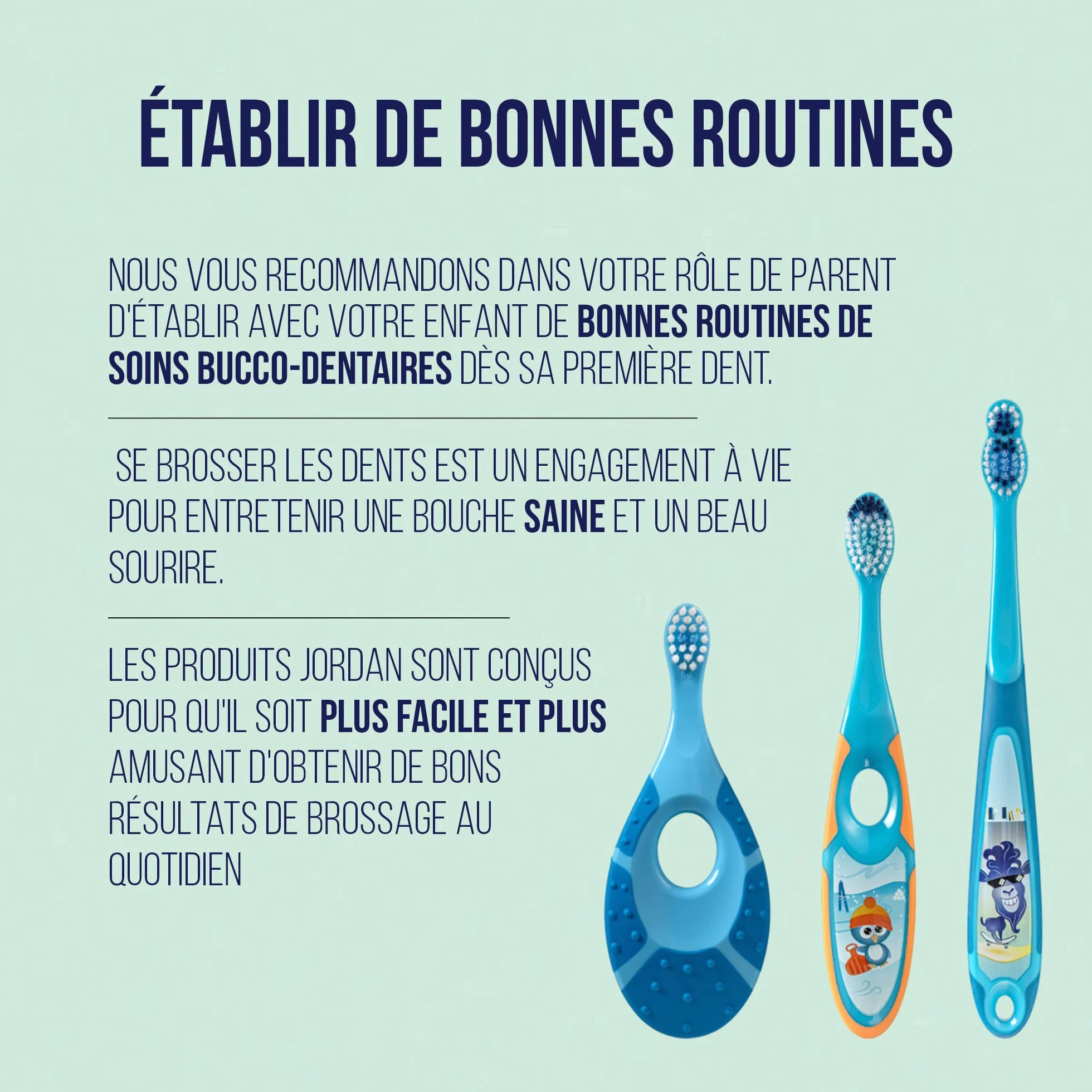 Jordan Brosse à dents bébés 0-2 ans poils extra doux anneau morsure gencives Bleu Vert 4 unités