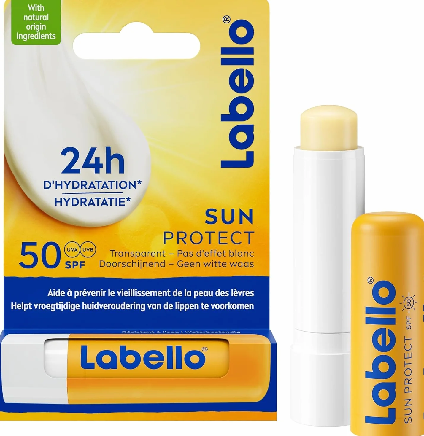 LABELLO Sun Protect Protection Solaire FPS 50 stick lèvres UVA/UVB hydratation 24 h beurre de karité huiles naturelles vitamines C E