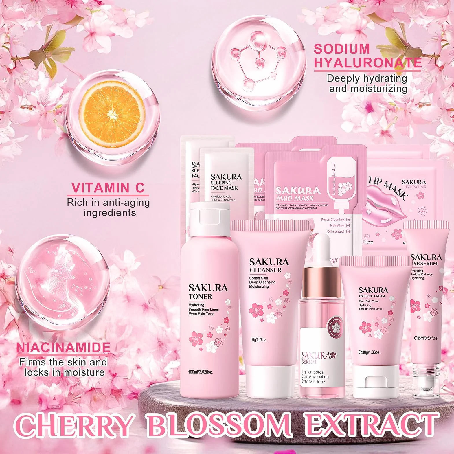 Coffret Soin Visage Femme Sakura Skincare Set Anti-âge 11 Pièces