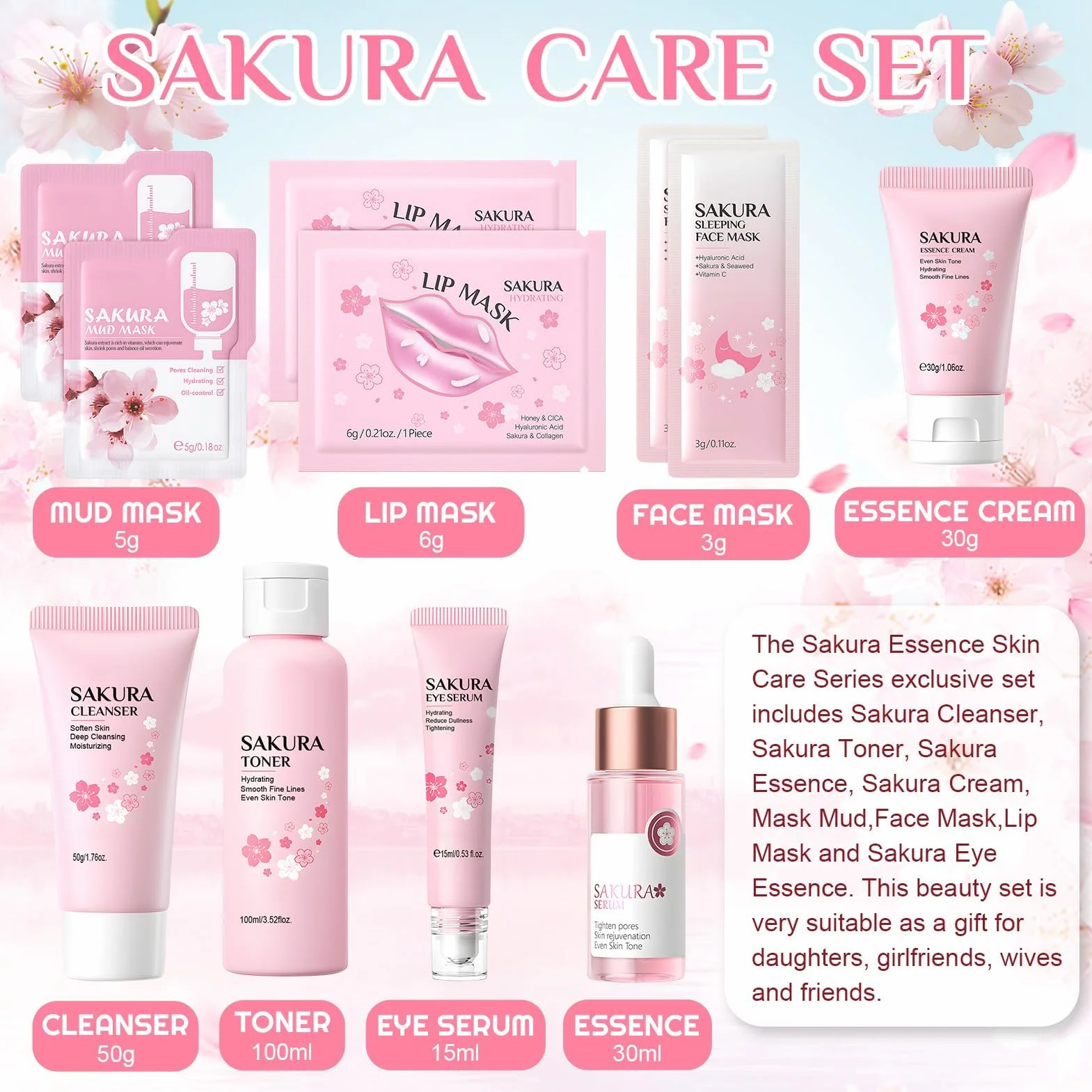 Coffret Soin Visage Femme Sakura Skincare Set Anti-âge 11 Pièces