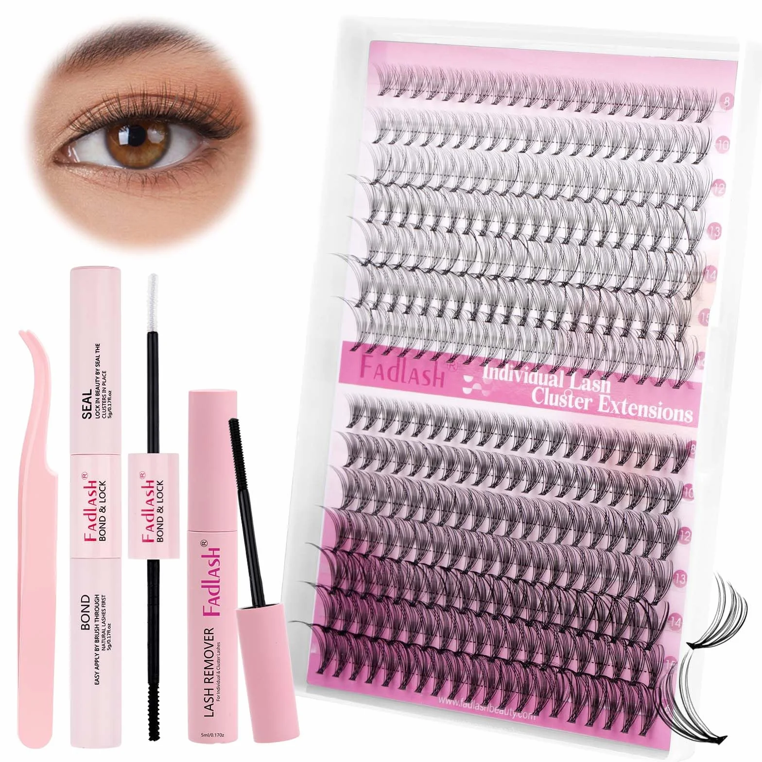 FADLASH Kit Extension Cils Bouquet 10D 20D 280pcs Faux Cils Individuel 8-16mm C Curl, Bond and Seal, Remover Gel, Pince à Lashes, Cluster Lashes Kit DIY