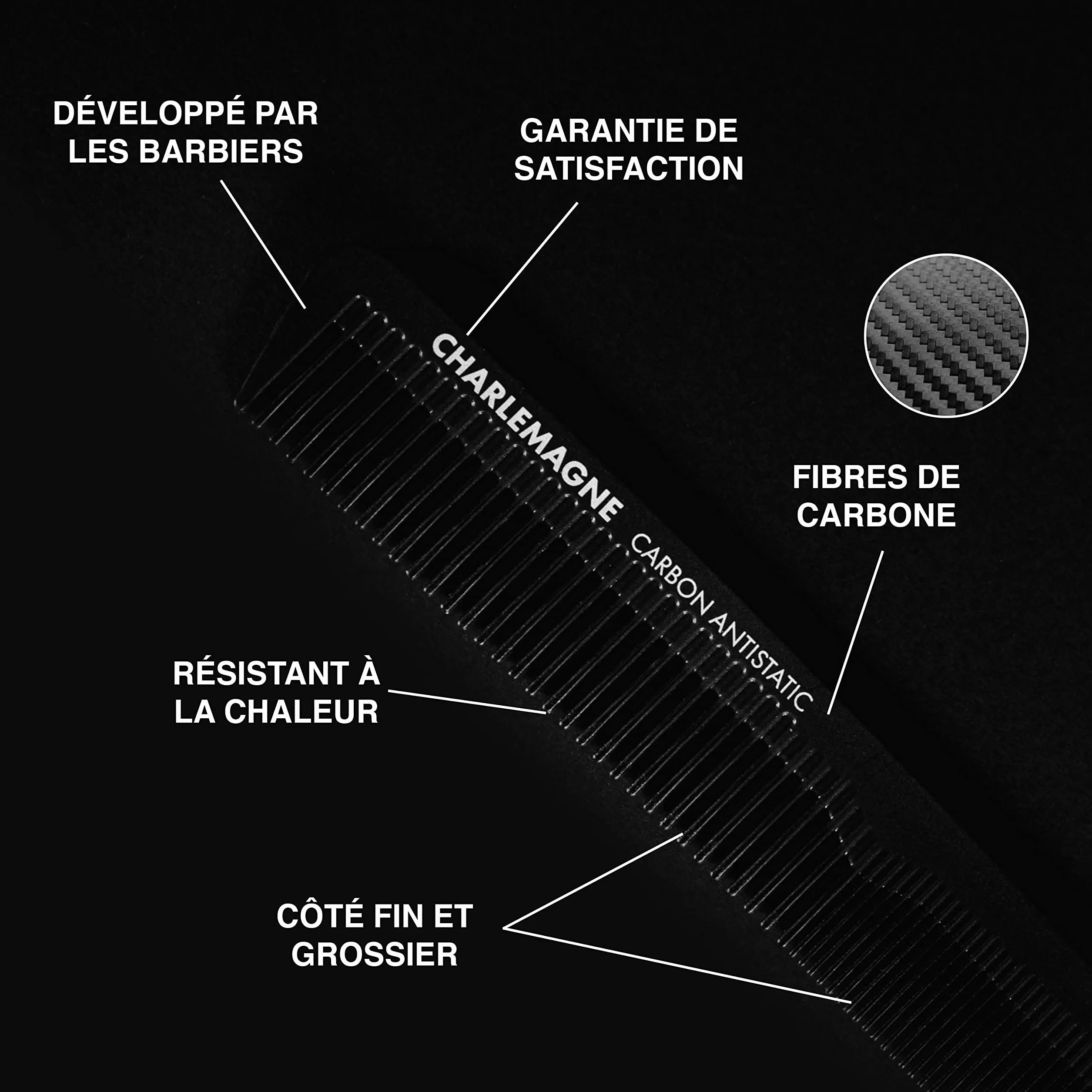Peigne cheveux Charlemagne carbone incassable antistatique double face coiffage homme femme