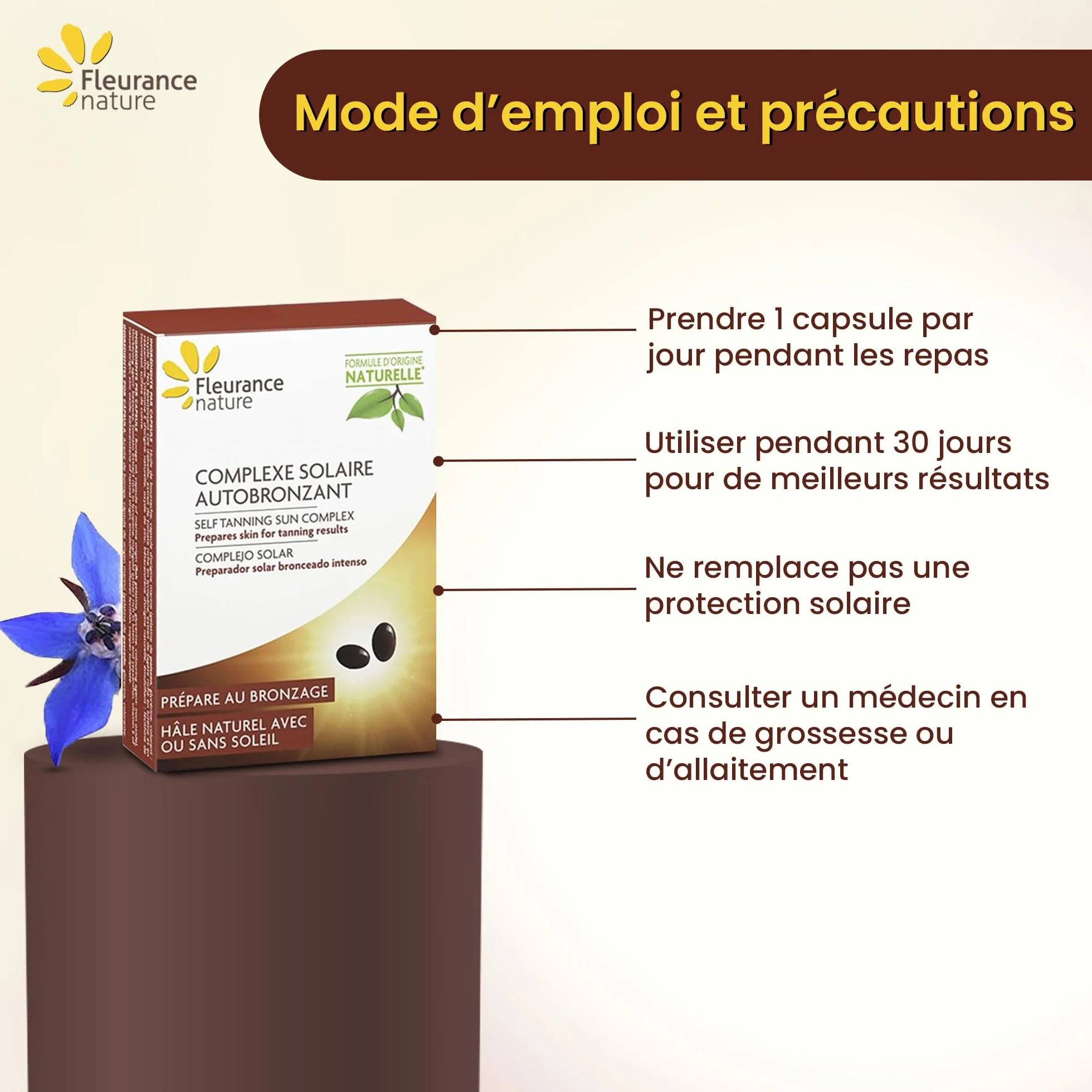 Fleurance Nature - Complexe Solaire Autobronzant Teint Hâlé Lumineux et Préparation Peau - Complément Alimentaire Antioxydant à l'Huile de Bourrache - Format 2 Mois