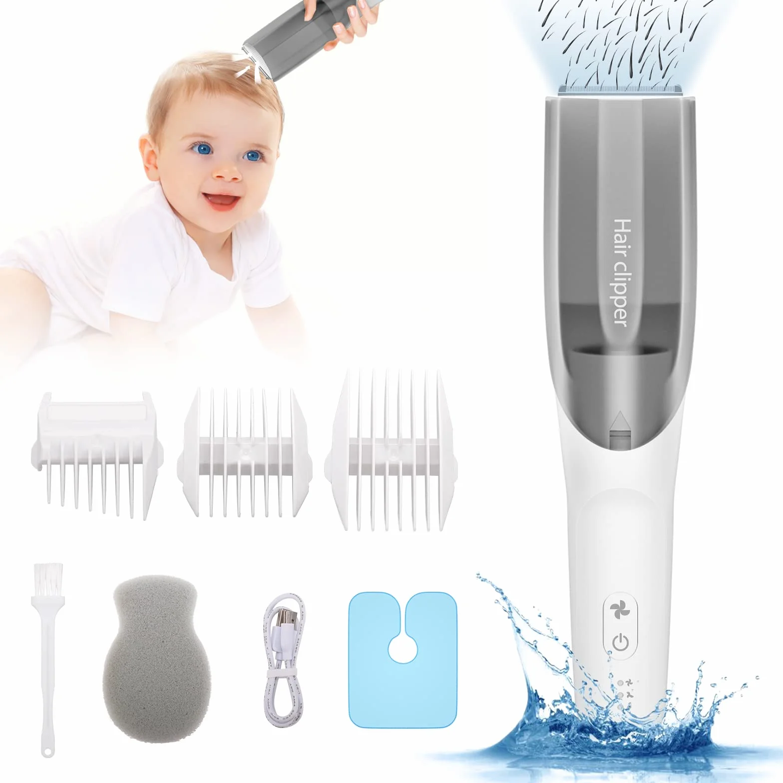 CARER SPARK Tondeuse Bébé Silencieuse avec Aspiration, Tondeuse Cheveux pour Enfants Étanche et Rechargeable USB avec 3 Sabots Idéale pour la Coupe de Cheveux des Nourrissons et Tout-Petits
