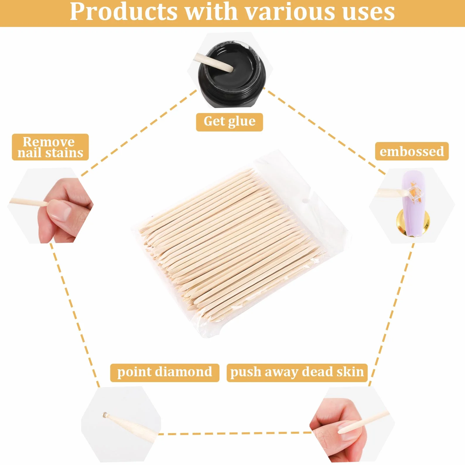 Lot de 100 bâtonnets en bois de rose - Outils de manucure professionnels - Bâtonnets à cuticules en bois d'oranger - Pour outil professionnel - Avec taille-crayon et côté plat