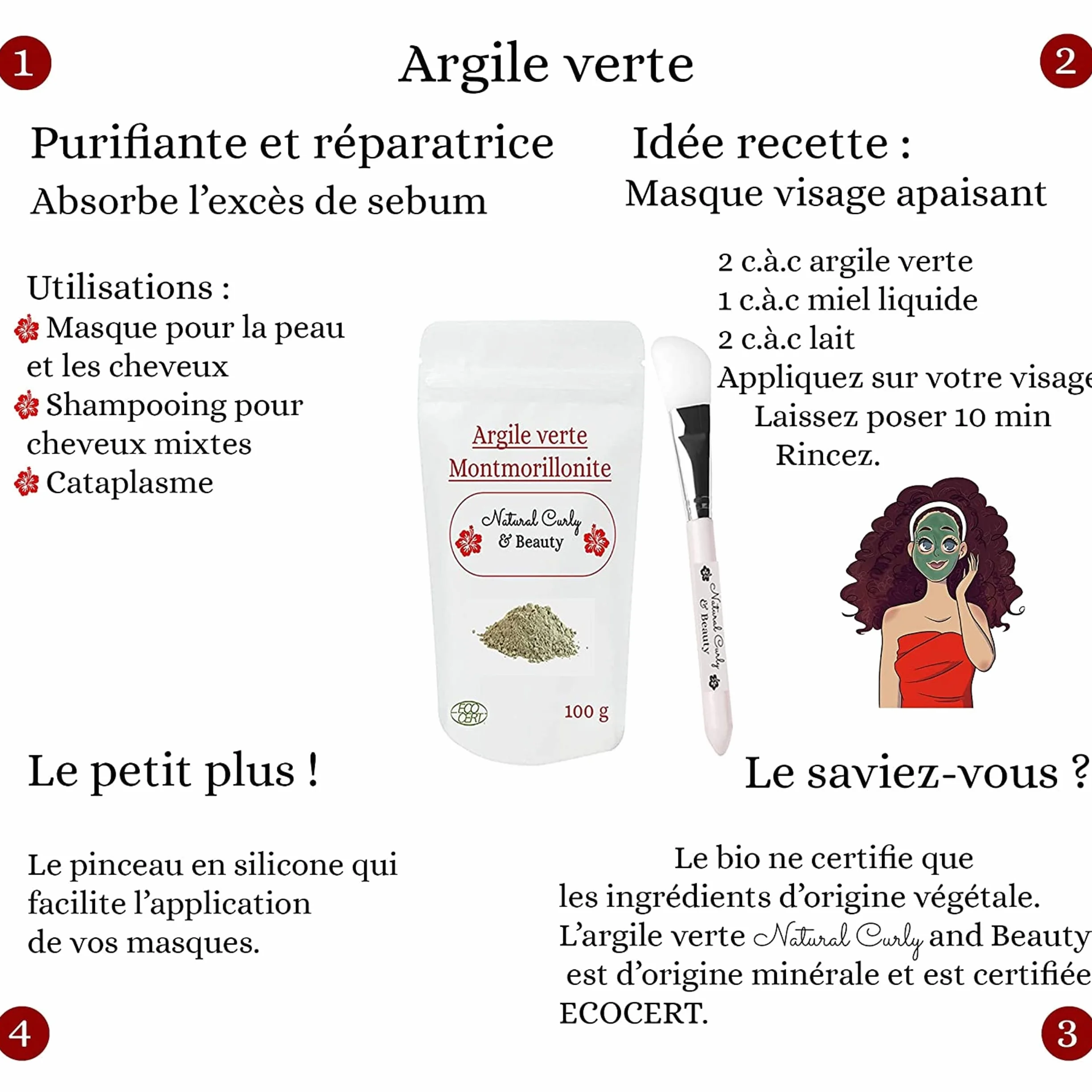 Argile verte montmorillonite ECO-CERT pinceau silicone nettoie pores hydrate adoucit peau détoxifie cheveux