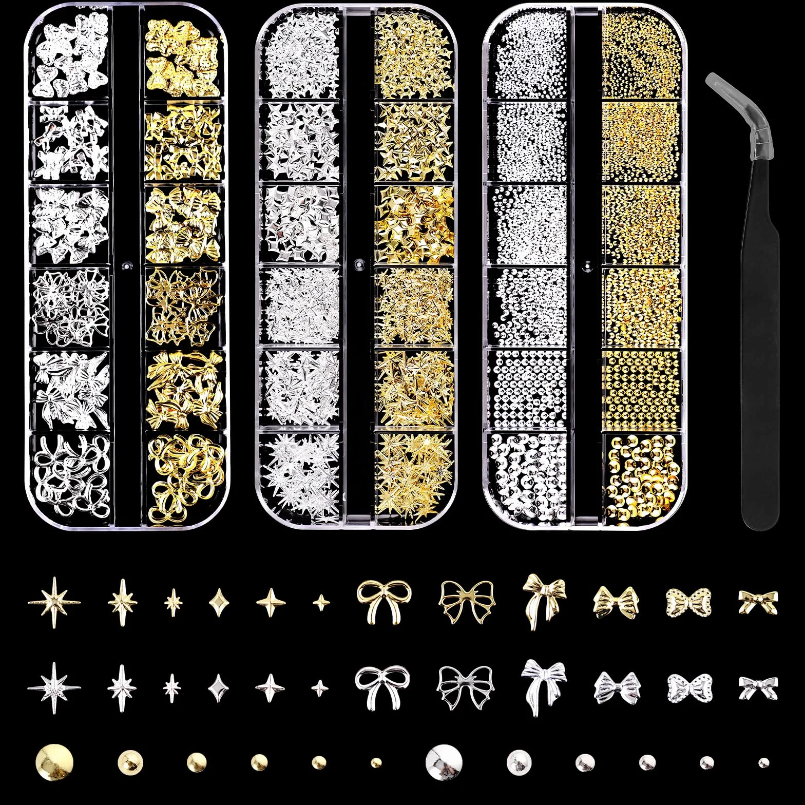 Nail Art Strass Ongle Kit, 36 Types Bijoux Ongles Forme Étoile Nœuds Flatback Perles, Pince à Épiler Accessoires Décoration