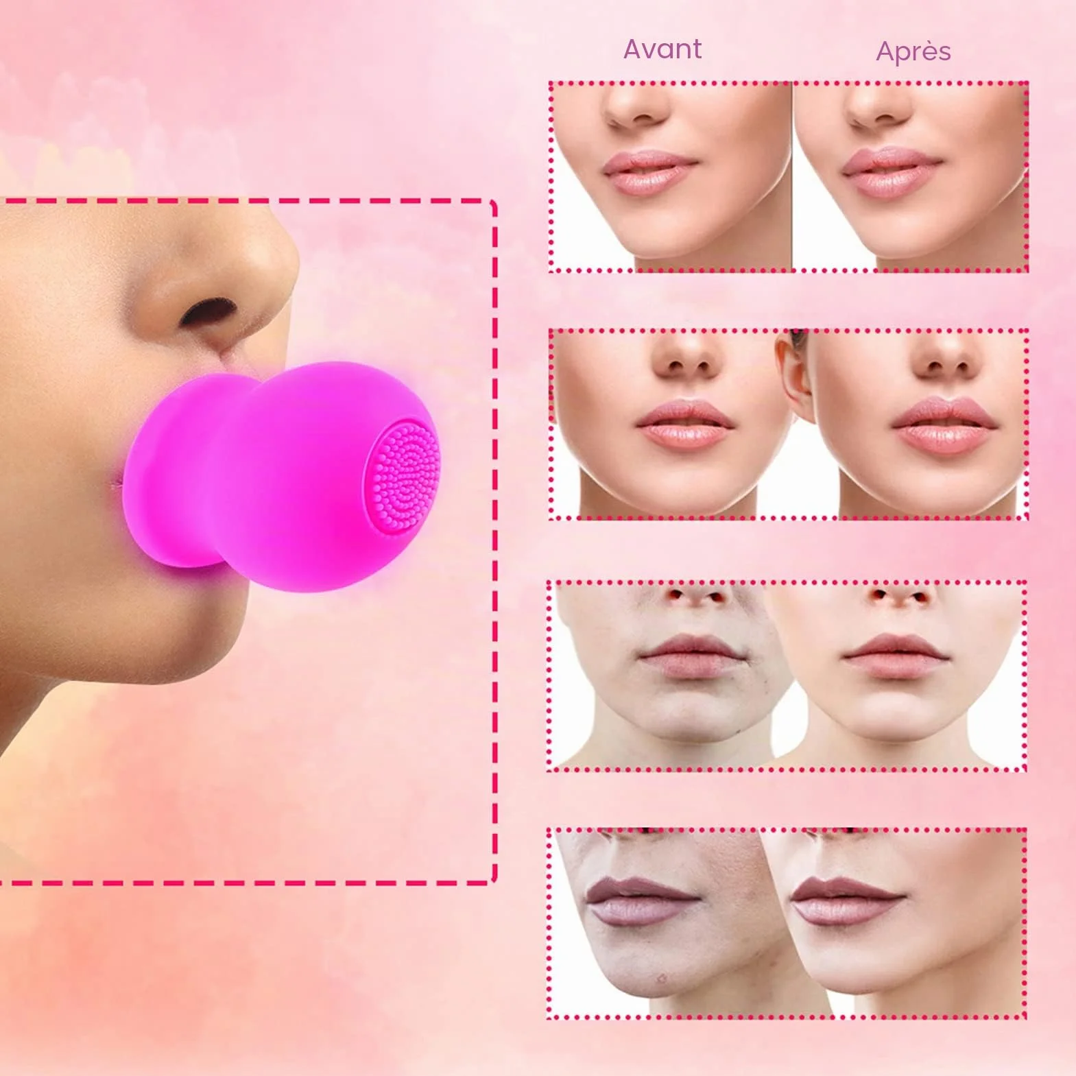 Appareil Plus Pulpeux pour les Lèvres, Rehausseur de Lèvres Beauté Plus Grande Bouche Rapidement Visage Propre Massage Pompe à Lèvres en Silicone avec Brosse(rose)