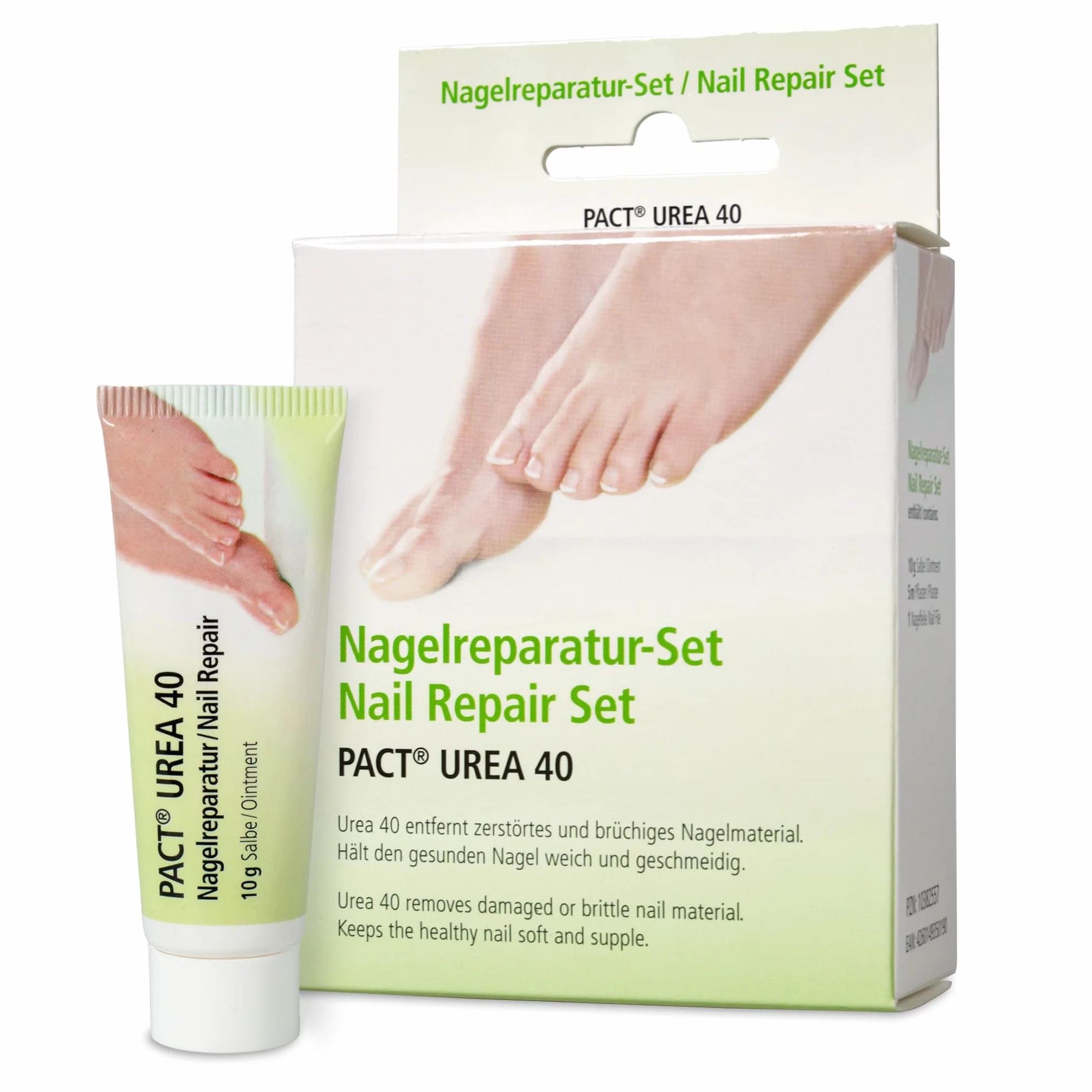 PACT Urea 40 réparation des ongles | en cas de mycose des ongles | kit mycose des ongles | | 40 % d'urée - Ruban adhésif de 5 m - Lime à ongles - Traitement de 2 à 3 semaines - Fabriqué en Allemagne