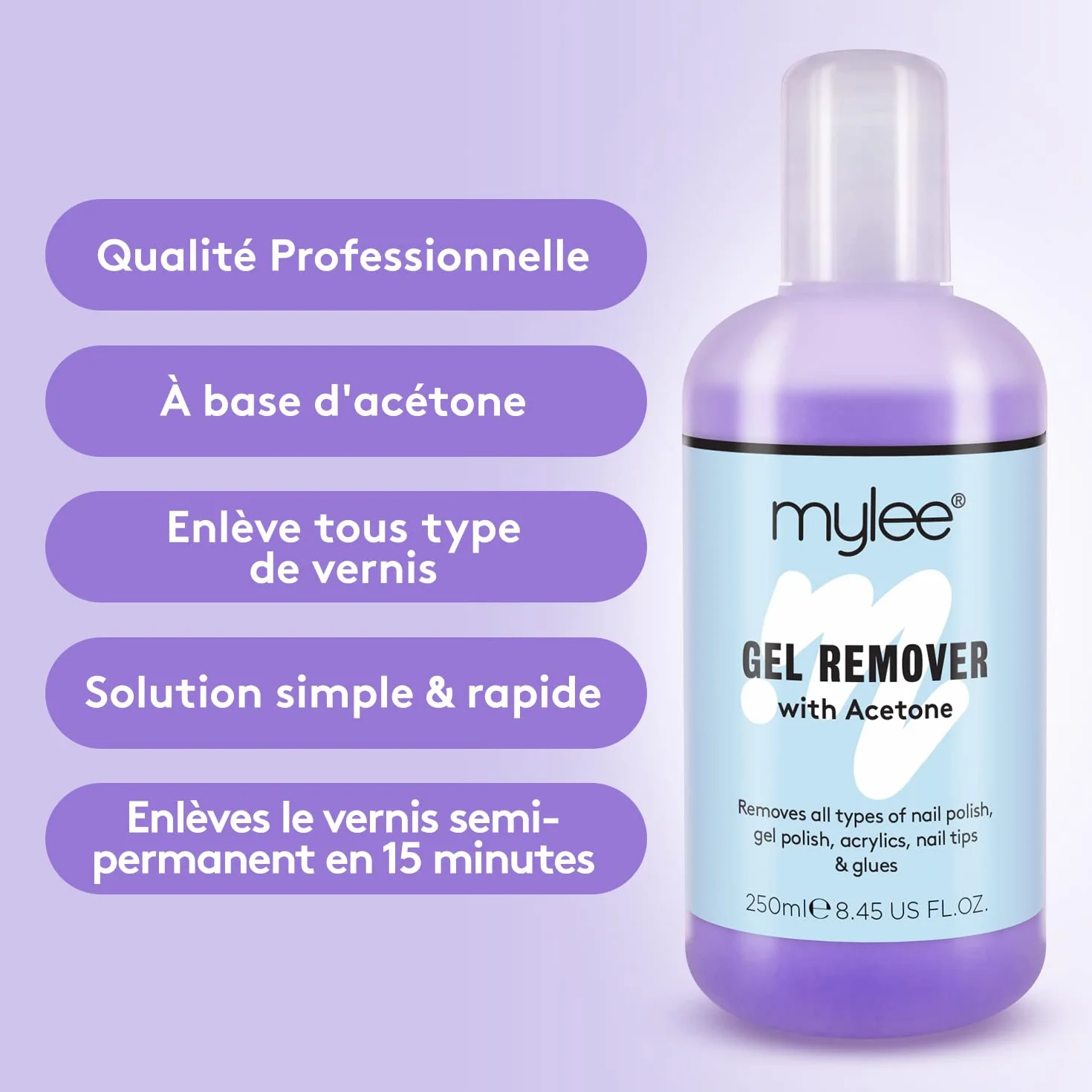 Mylee Dissolvant professionnel à l’acétone Prép et nettoyant 2x250ml UV LED