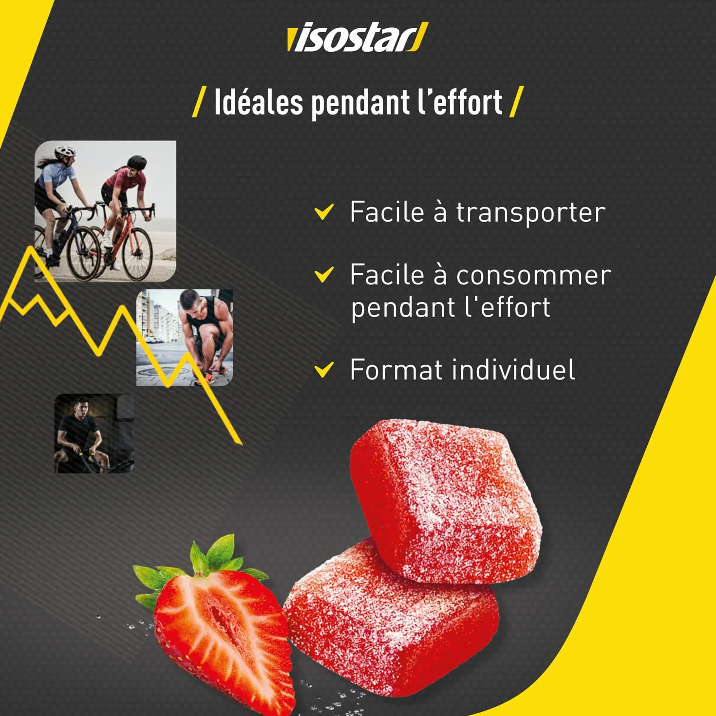 ISOSTAR Energy Fruit Boost Pâtes de Fruits Sport Saveur Fraise Réduction Fatigue Caféine Arôme Naturel Sans Colorant Sans Conservateur 1 Boîte 10 Carrés 10 x 10 g