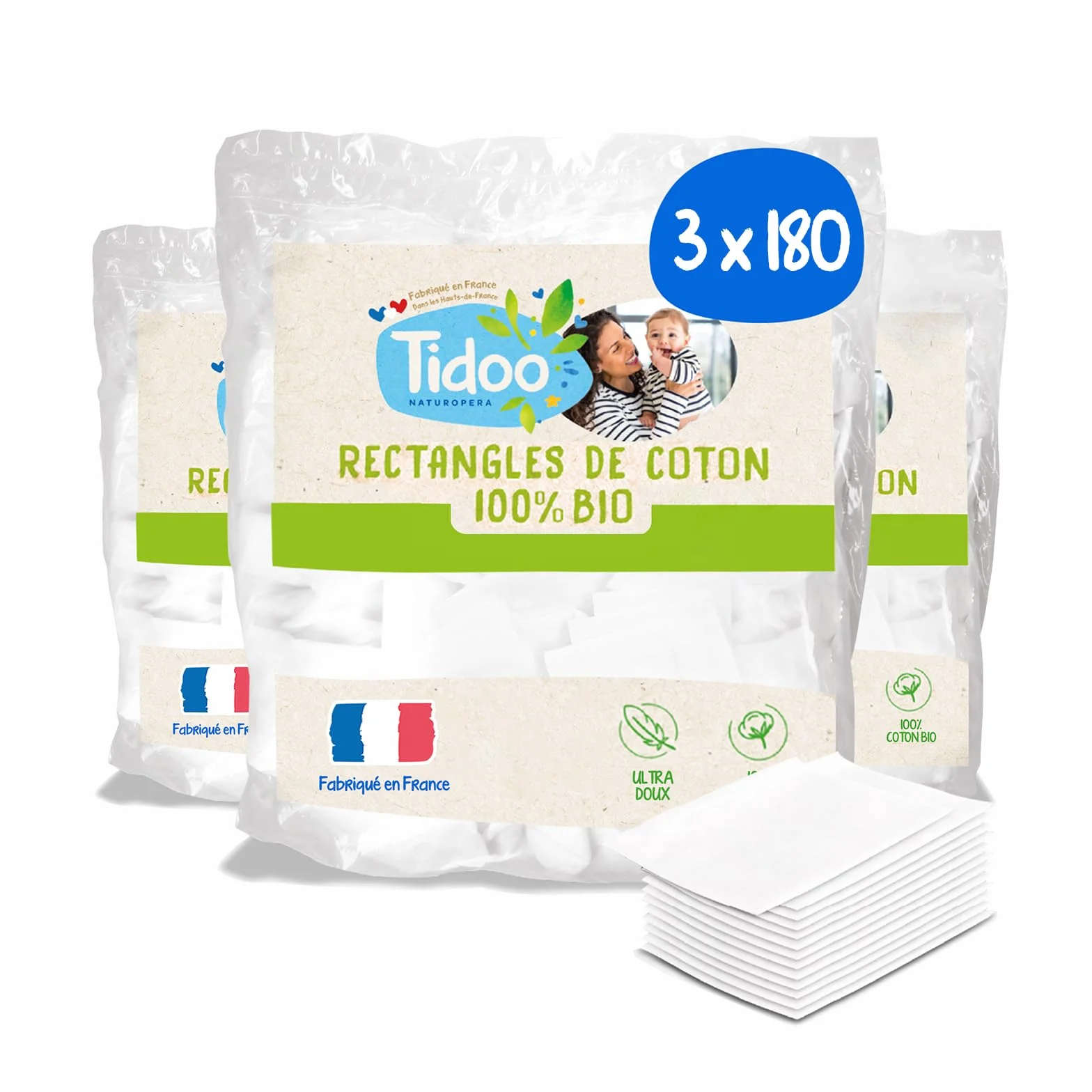 Tidoo 540 Coton Pads Bébé 100% Bio Ultra Doux Hypoallergéniques Peaux Sensibles Fabriqués en France