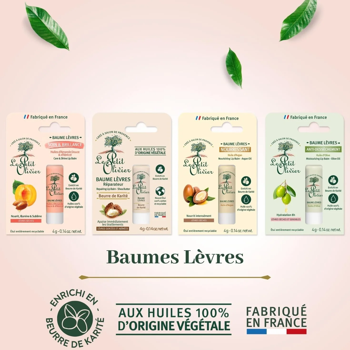 LE PETIT OLIVIER Baume Lèvres Soin & Brillance Huile d'Amande Douce et Abricot 4 g