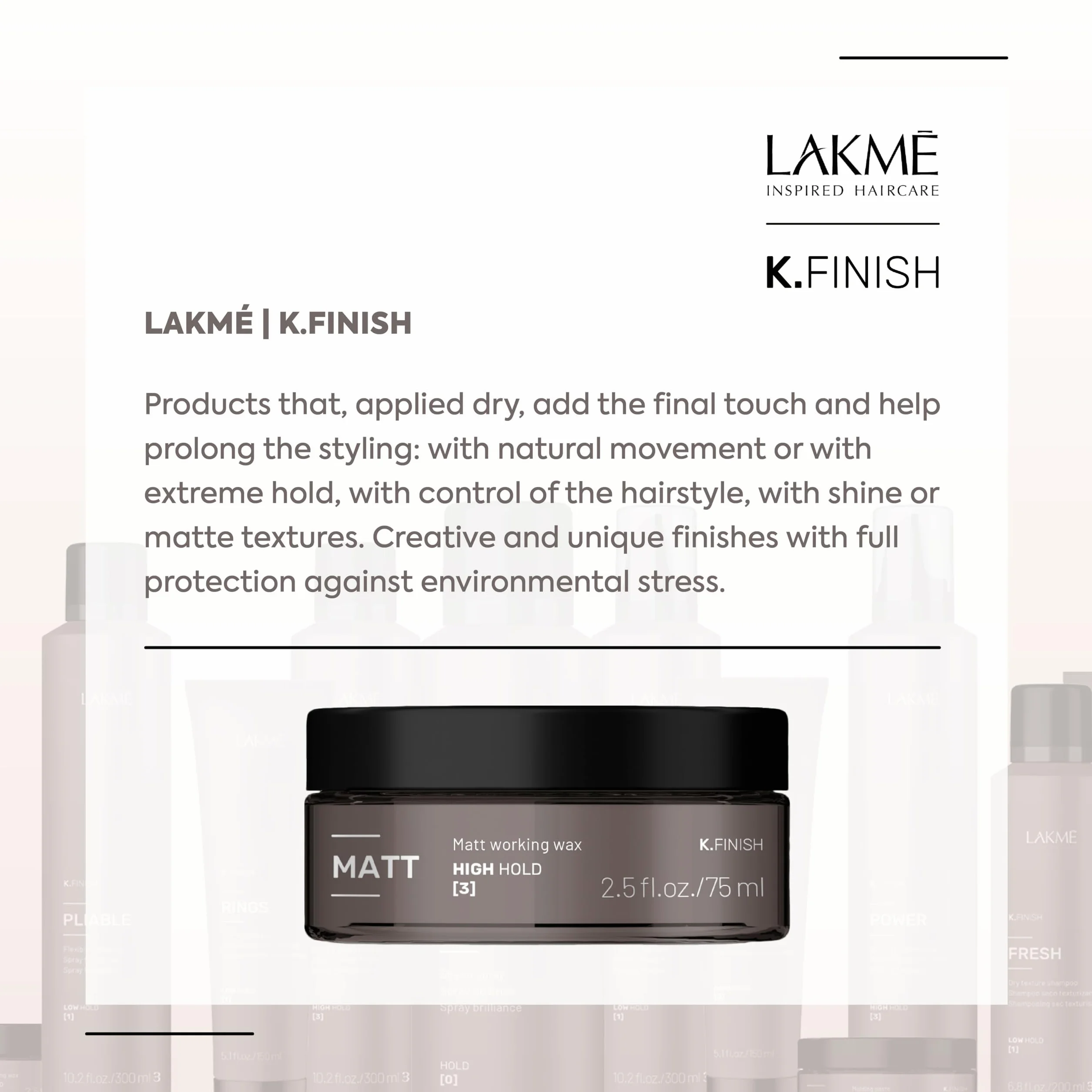 LAKMÉ K.Finish Cire coiffante mate pour cheveux, crème mate, forte tenue, finition mate, 2,5 ml